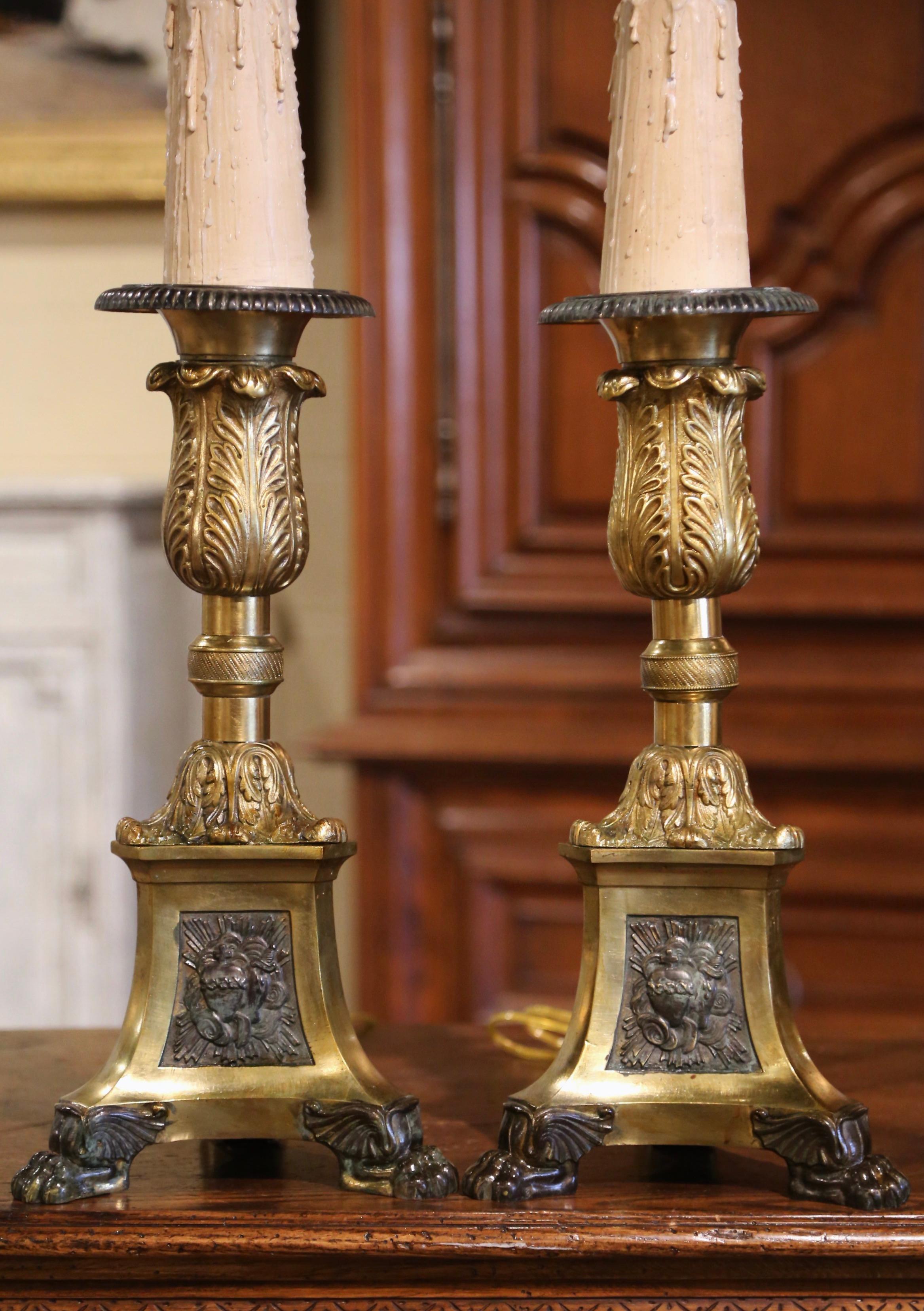 Pair of 19th Century French Two-Tone Brass Candlesticks Table Lamps with Shades In Excellent Condition In Dallas, TX