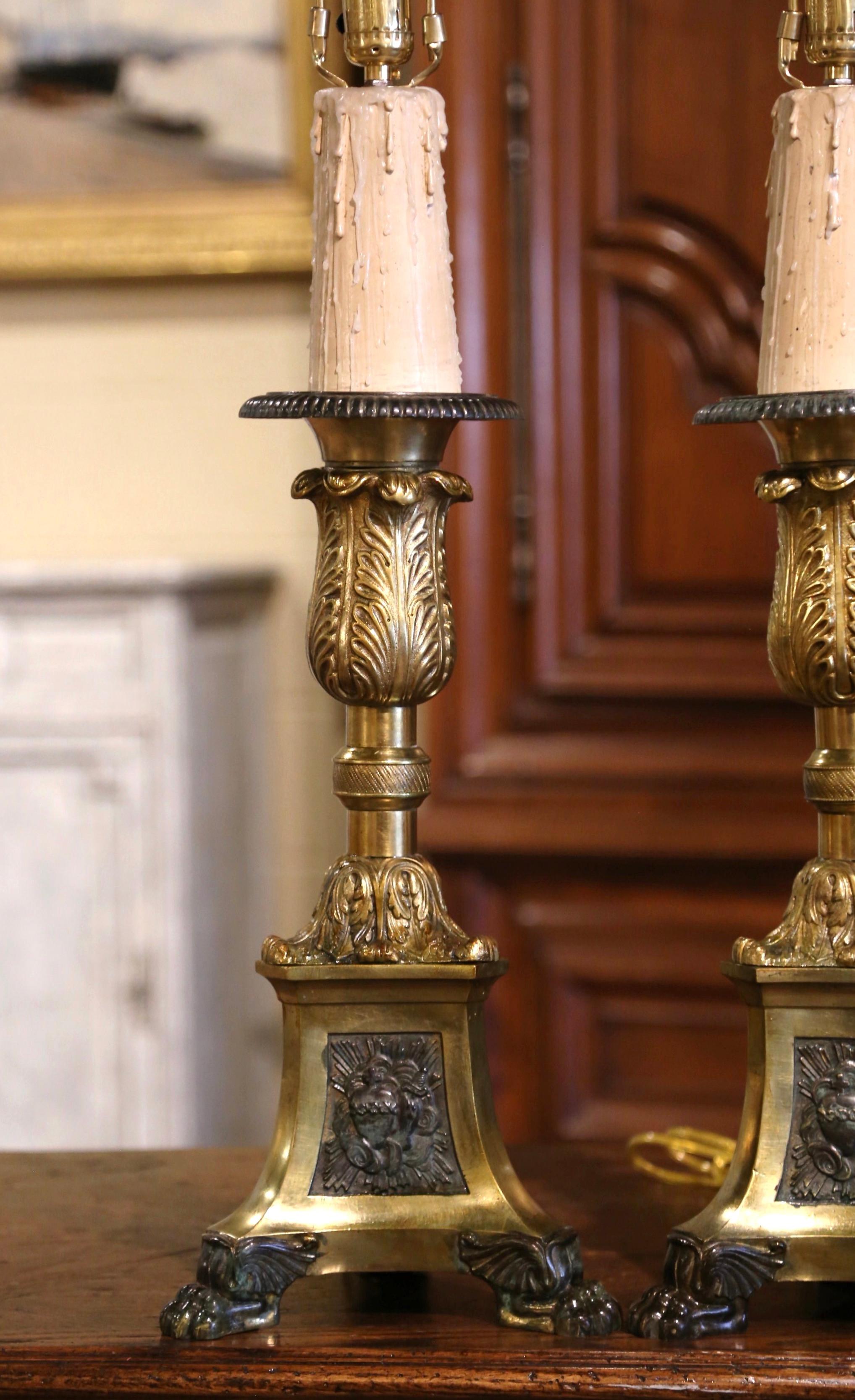 Pair of 19th Century French Two-Tone Brass Candlesticks Table Lamps with Shades 1