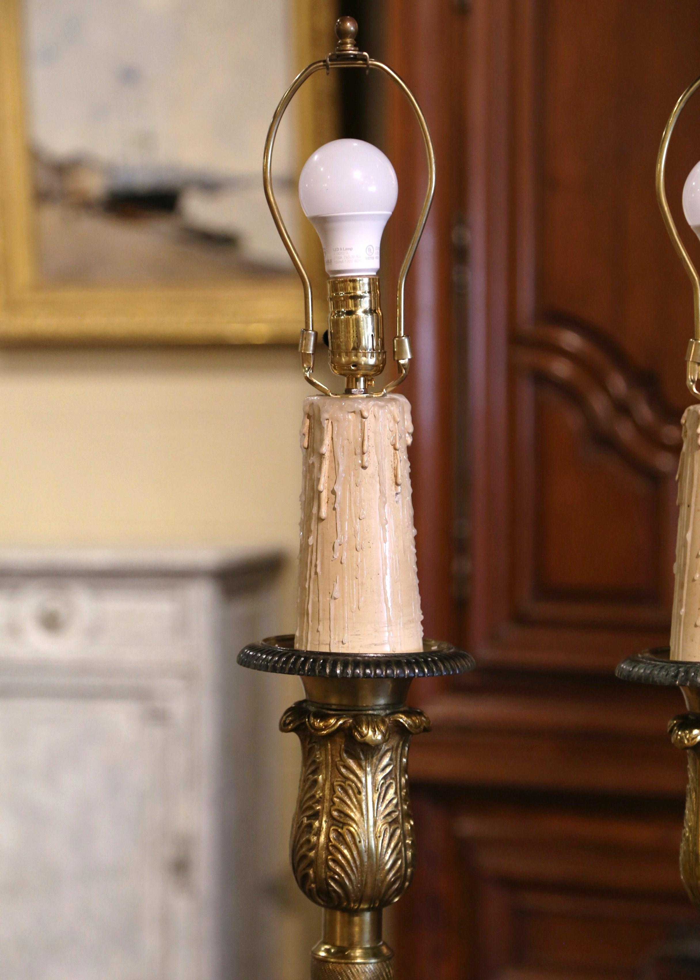 Pair of 19th Century French Two-Tone Brass Candlesticks Table Lamps with Shades 2