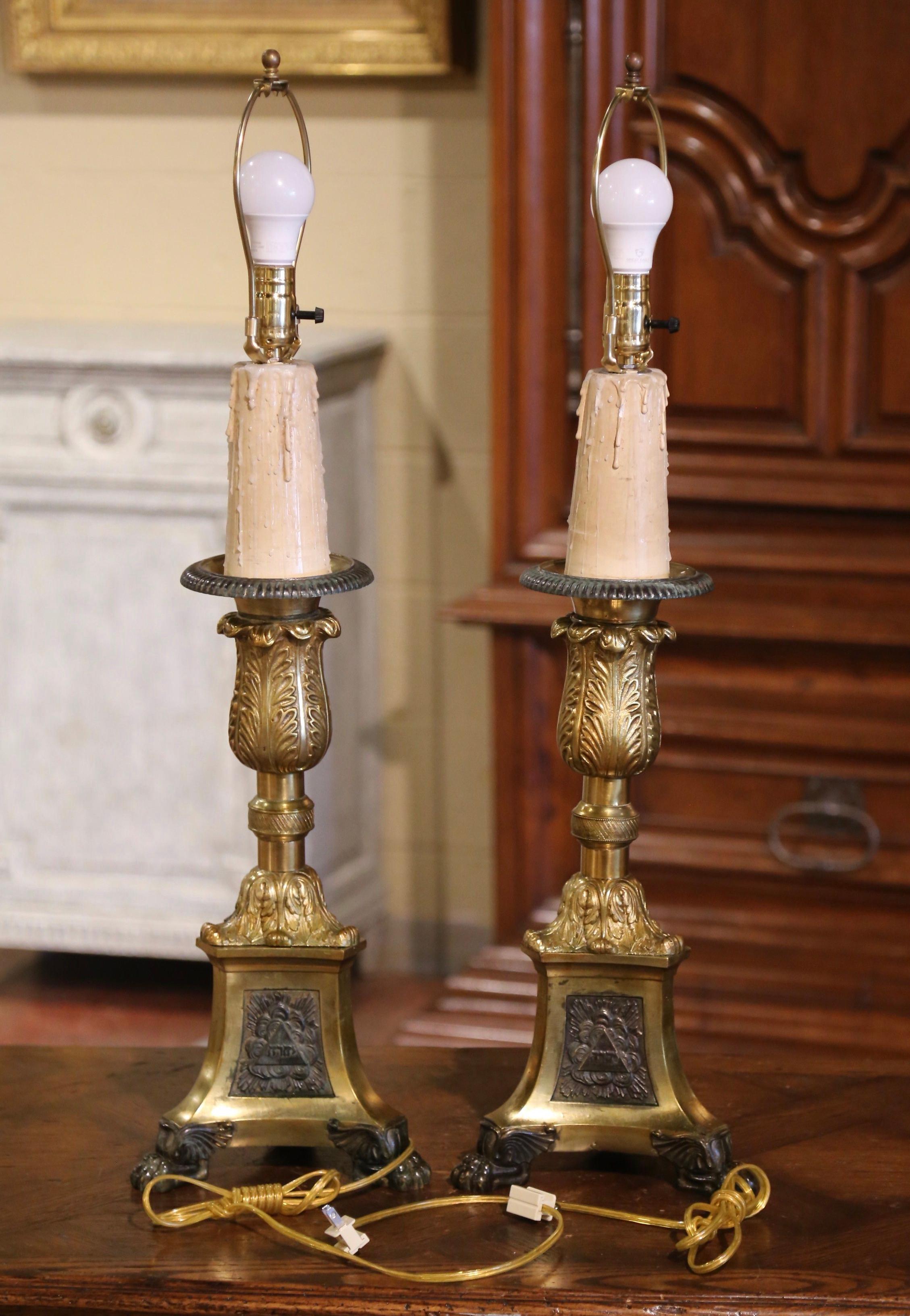 Pair of 19th Century French Two-Tone Brass Candlesticks Table Lamps with Shades 4