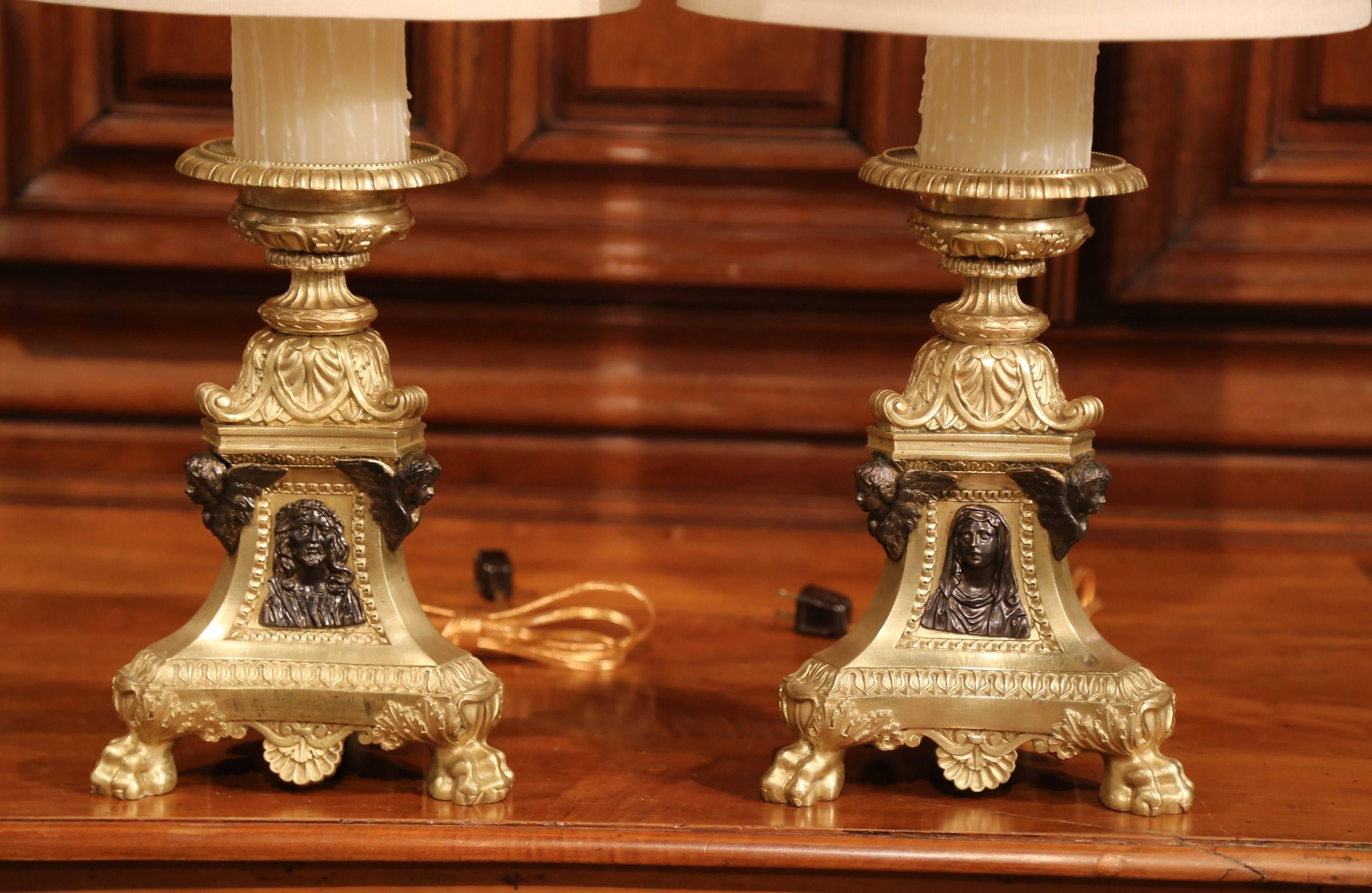 Baroque Pair of 19th Century French Two-Tone Bronze Candlesticks Made into Table Lamps