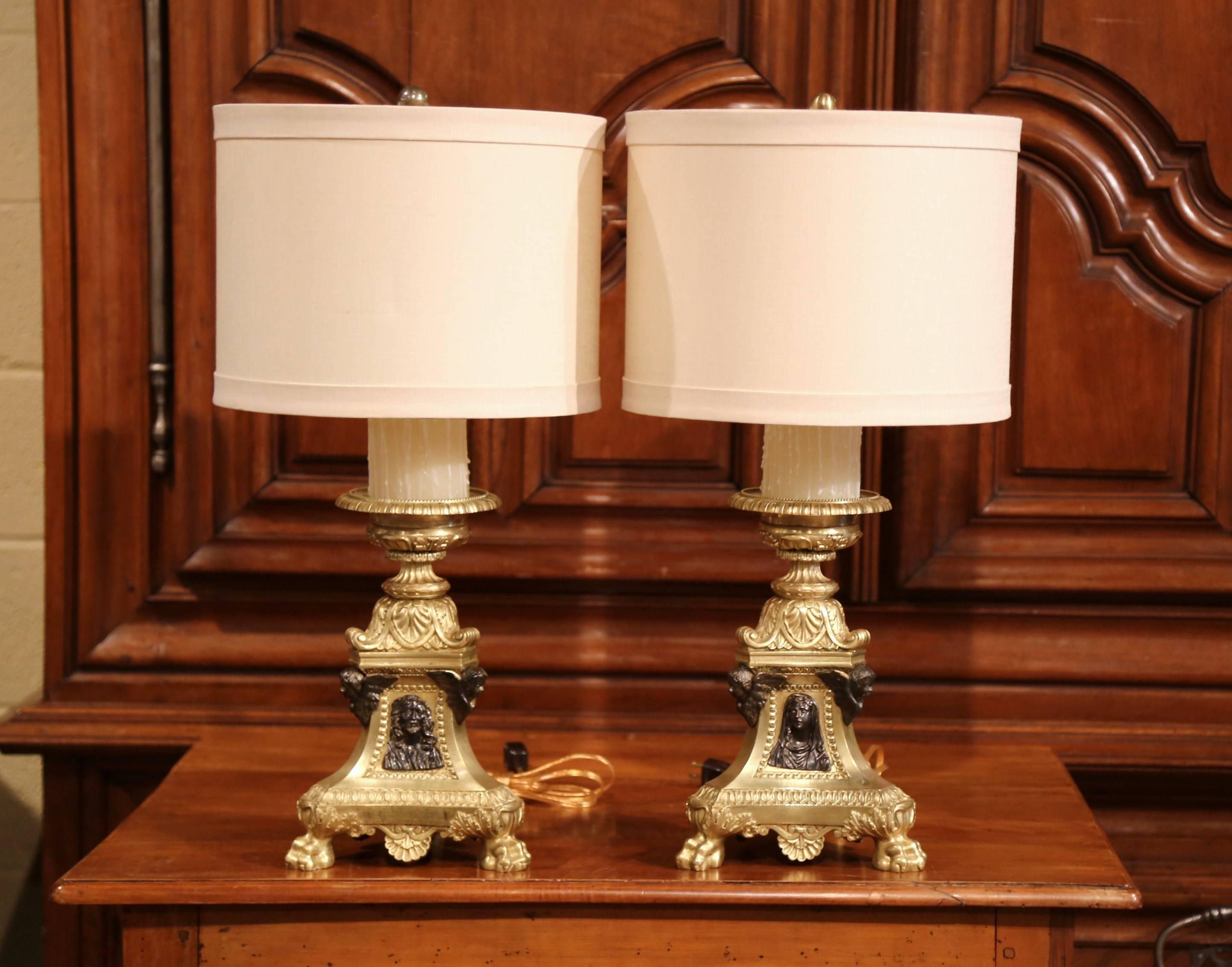 Patinated Pair of 19th Century French Two-Tone Bronze Candlesticks Made into Table Lamps