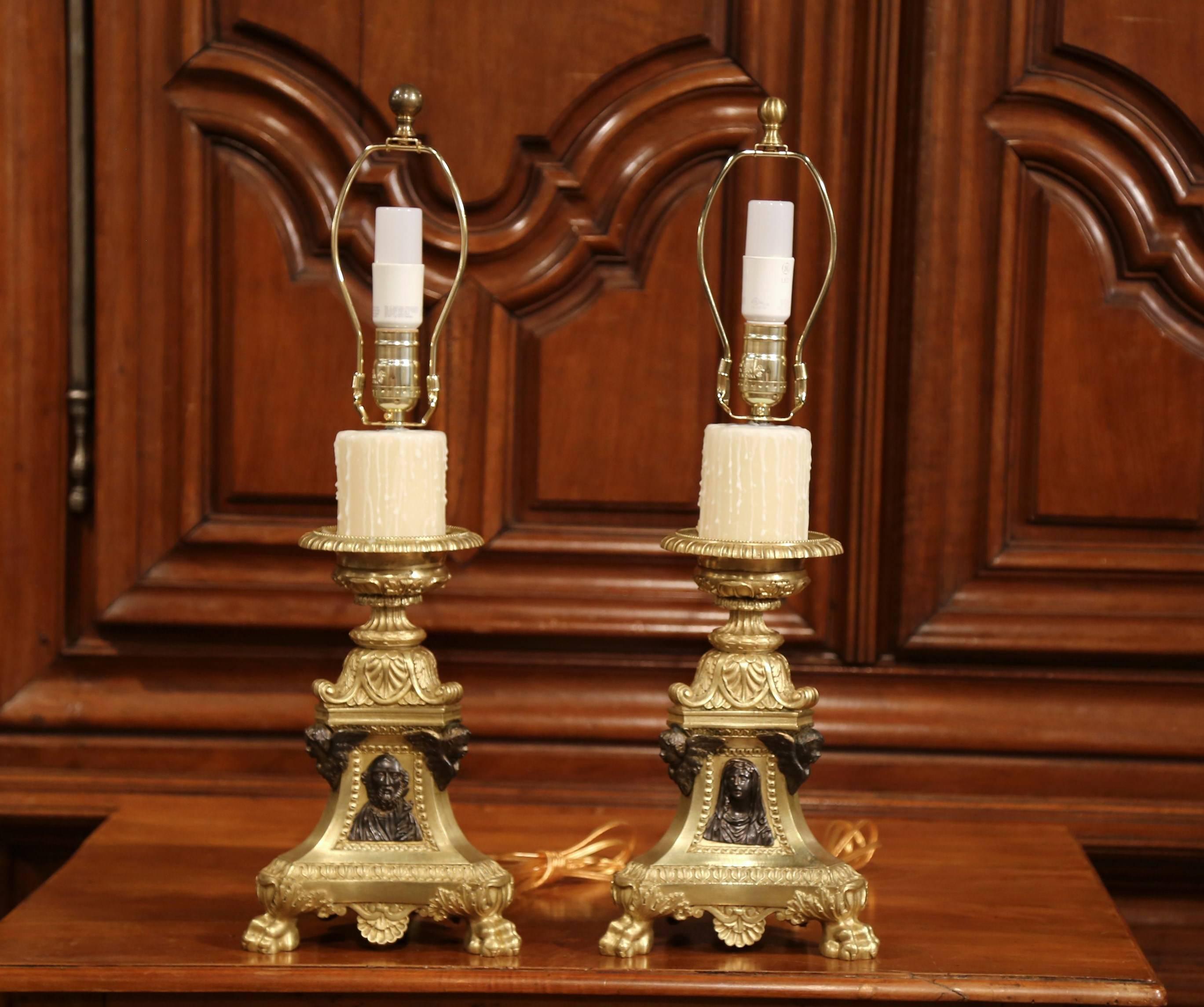 Pair of 19th Century French Two-Tone Bronze Candlesticks Made into Table Lamps In Excellent Condition In Dallas, TX