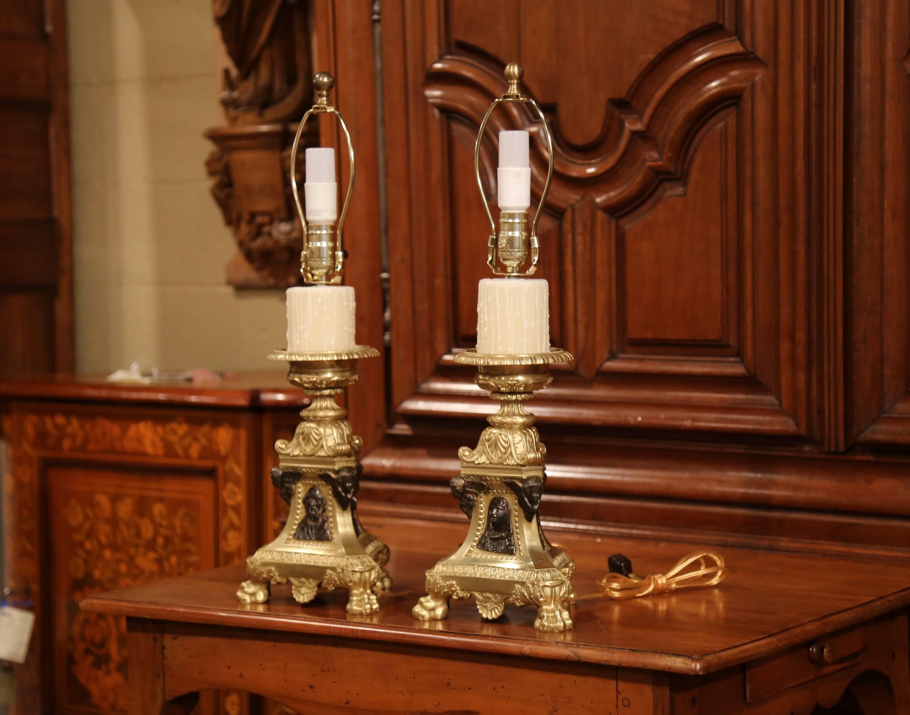 Brass Pair of 19th Century French Two-Tone Bronze Candlesticks Made into Table Lamps