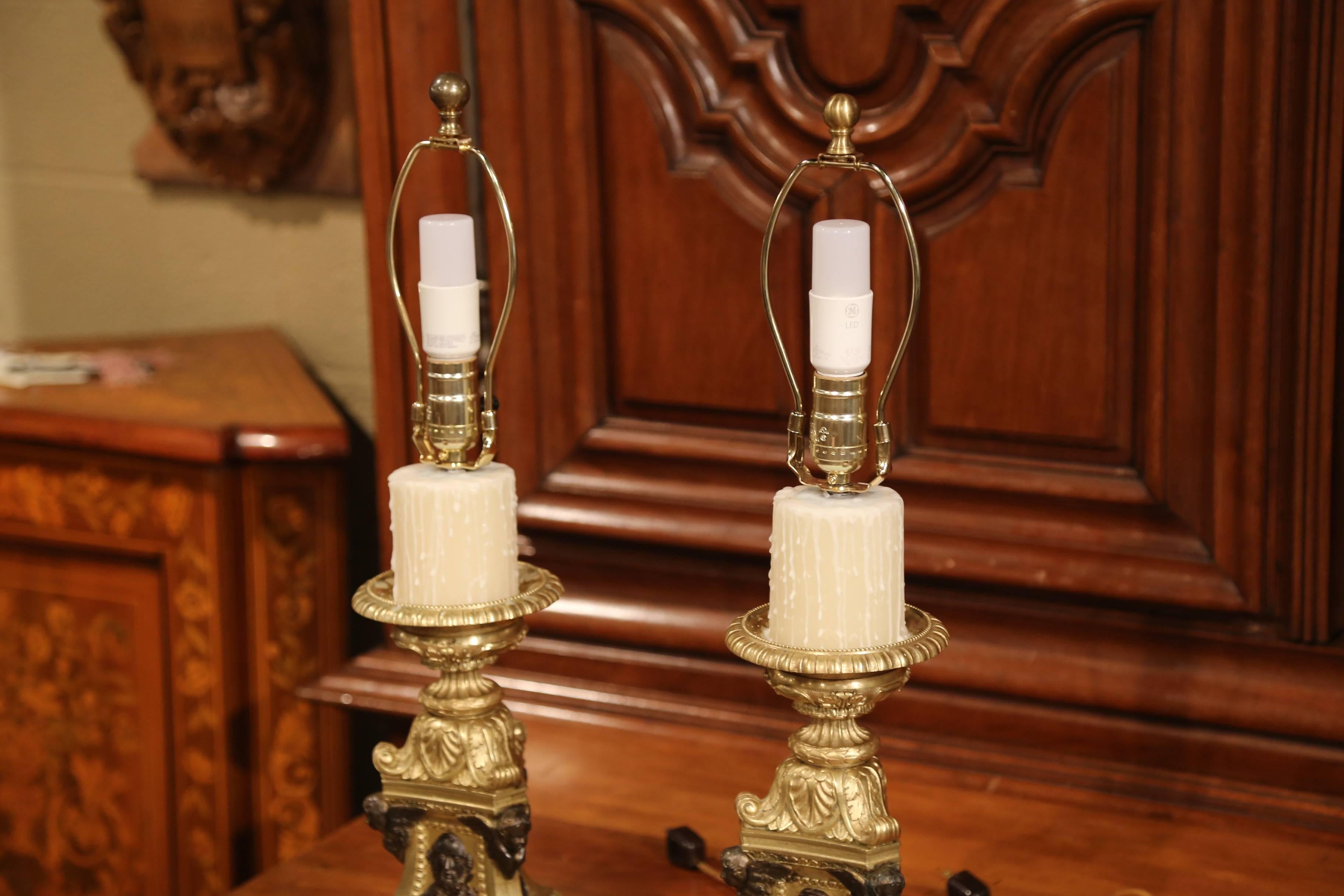 Pair of 19th Century French Two-Tone Bronze Candlesticks Made into Table Lamps 1