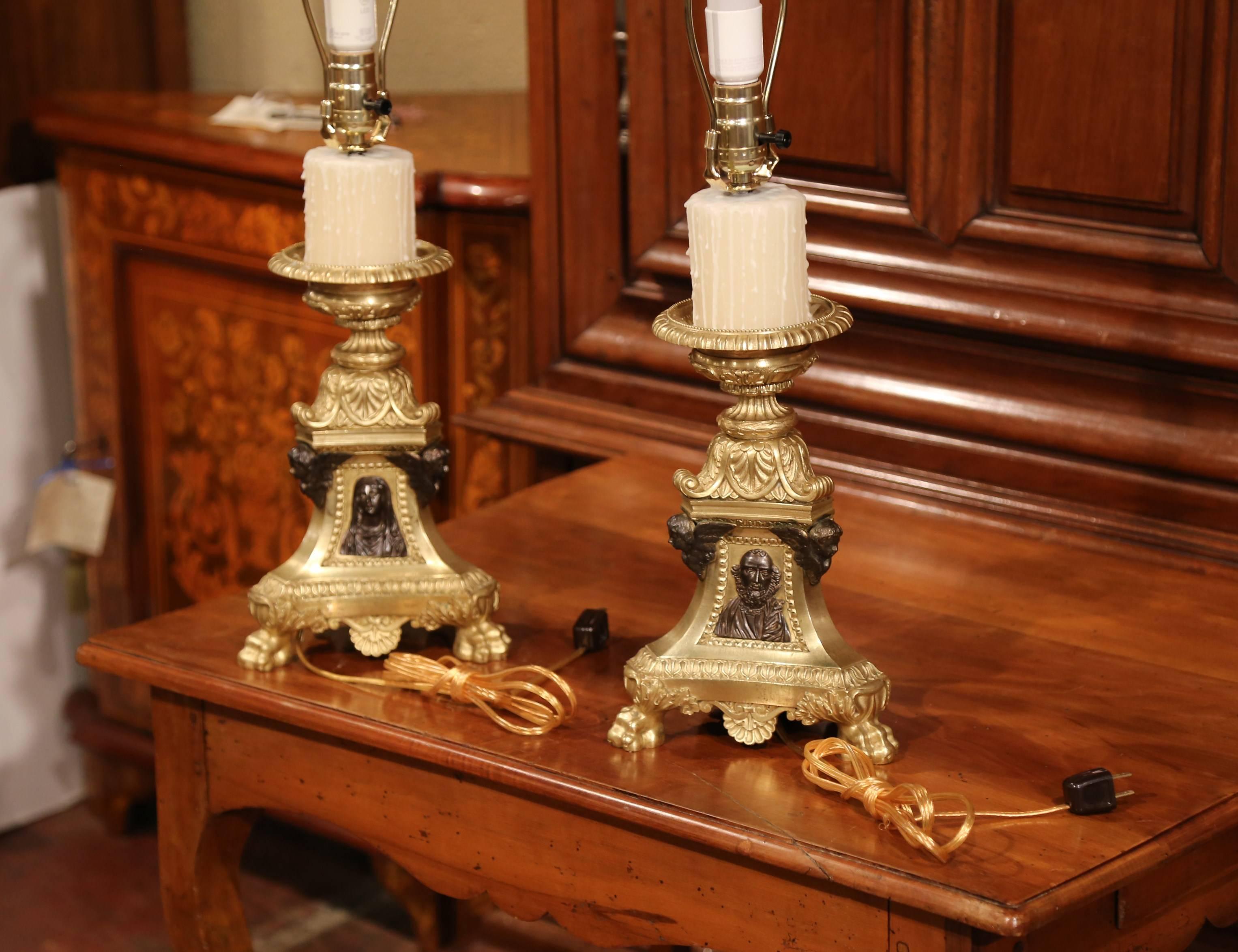 Pair of 19th Century French Two-Tone Bronze Candlesticks Made into Table Lamps 2