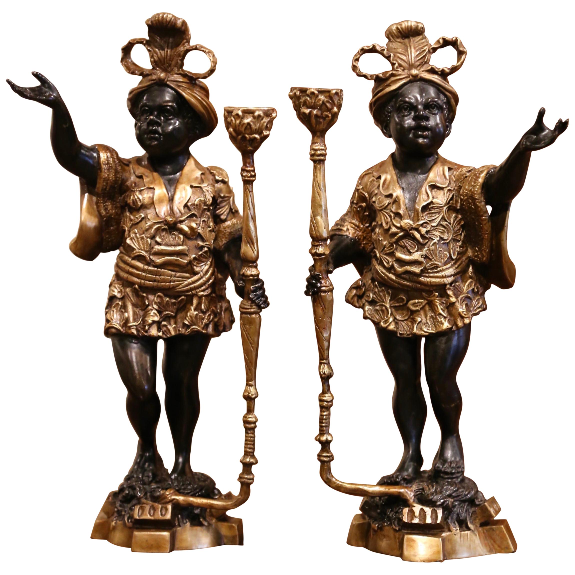 Pair of 19th Century French Two-Tone Patinated Bronze Figures Candleholders