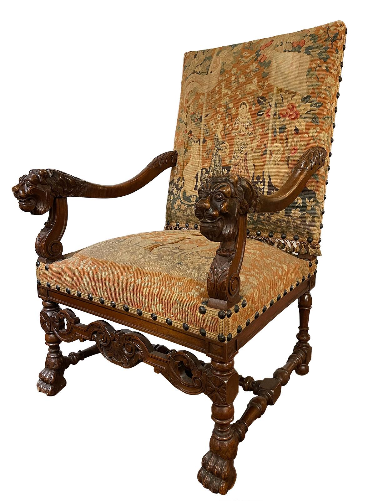 Pair of 19th Century French Unicorn Tapestry Armchairs For Sale 1
