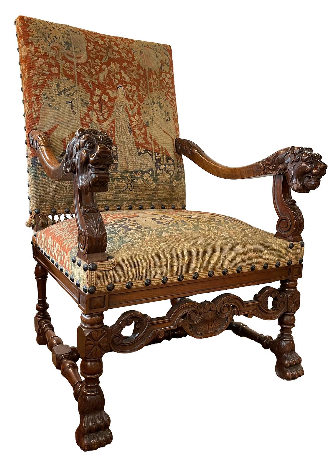 Pair of 19th Century French Unicorn Tapestry Armchairs For Sale 2