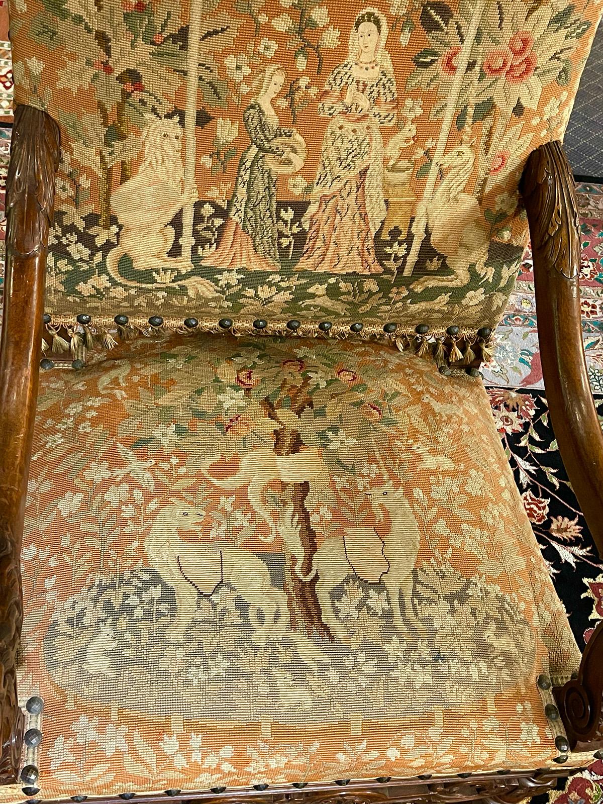 Pair of 19th Century French Unicorn Tapestry Armchairs For Sale 4