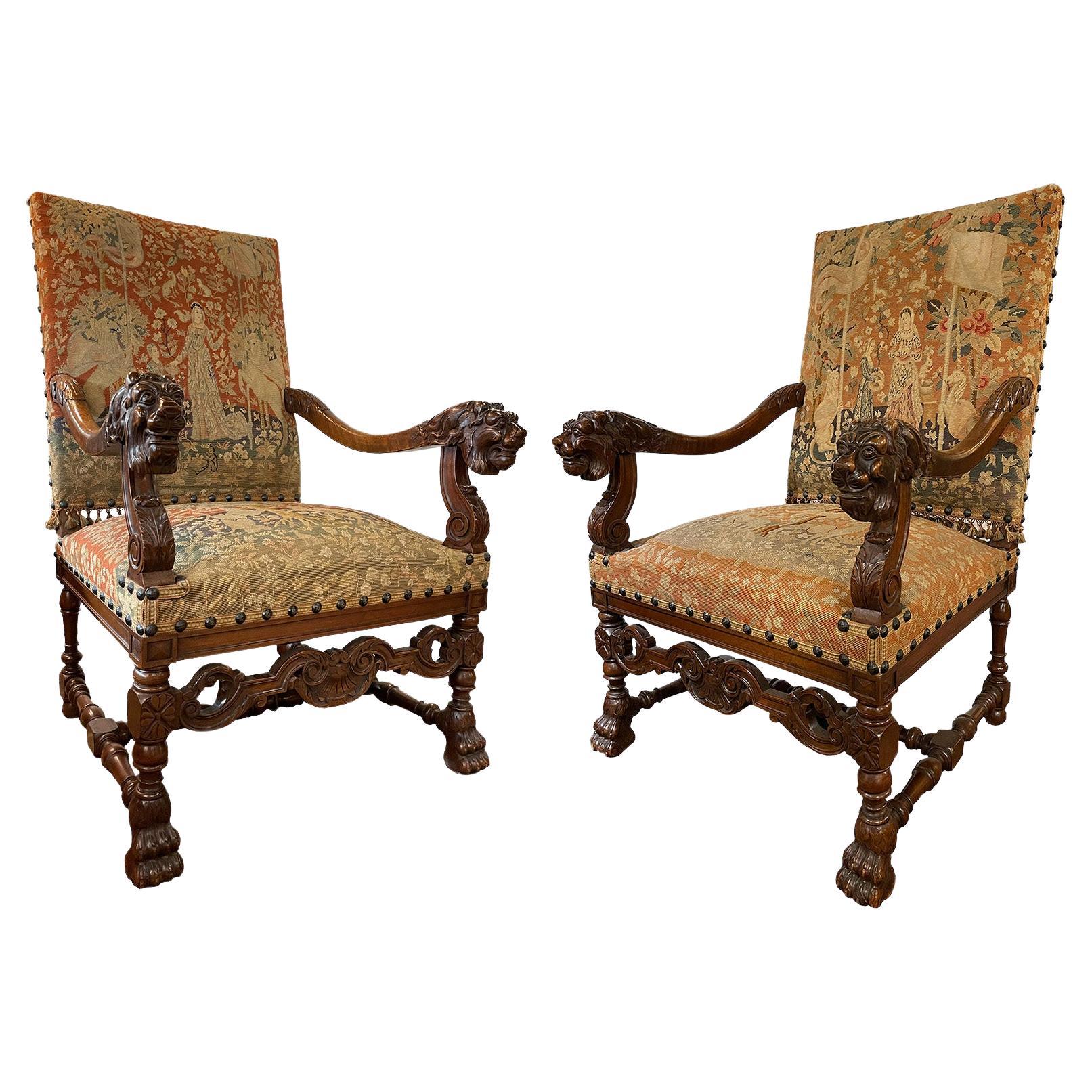 Pair of 19th Century French Unicorn Tapestry Armchairs For Sale