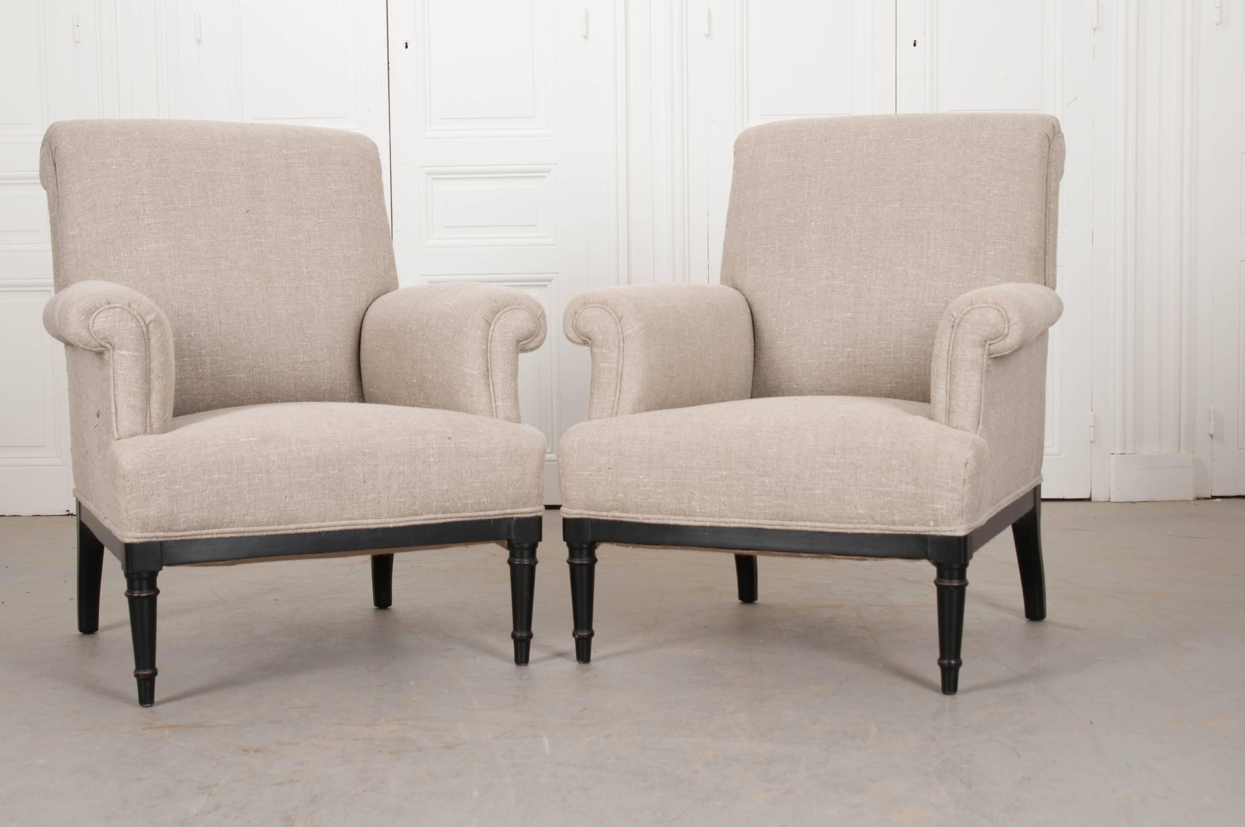 Ebonized Pair of 19th Century French Upholstered Bergères
