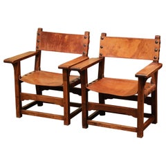 Pair of 19th Century French Walnut and Leather Armchairs from the Pyrenees