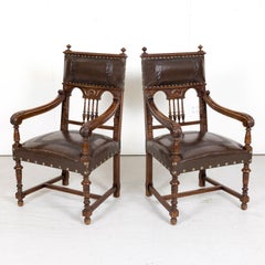 Pair of 19th Century French Walnut and Tooled Leather HenriI II Style Armchairs