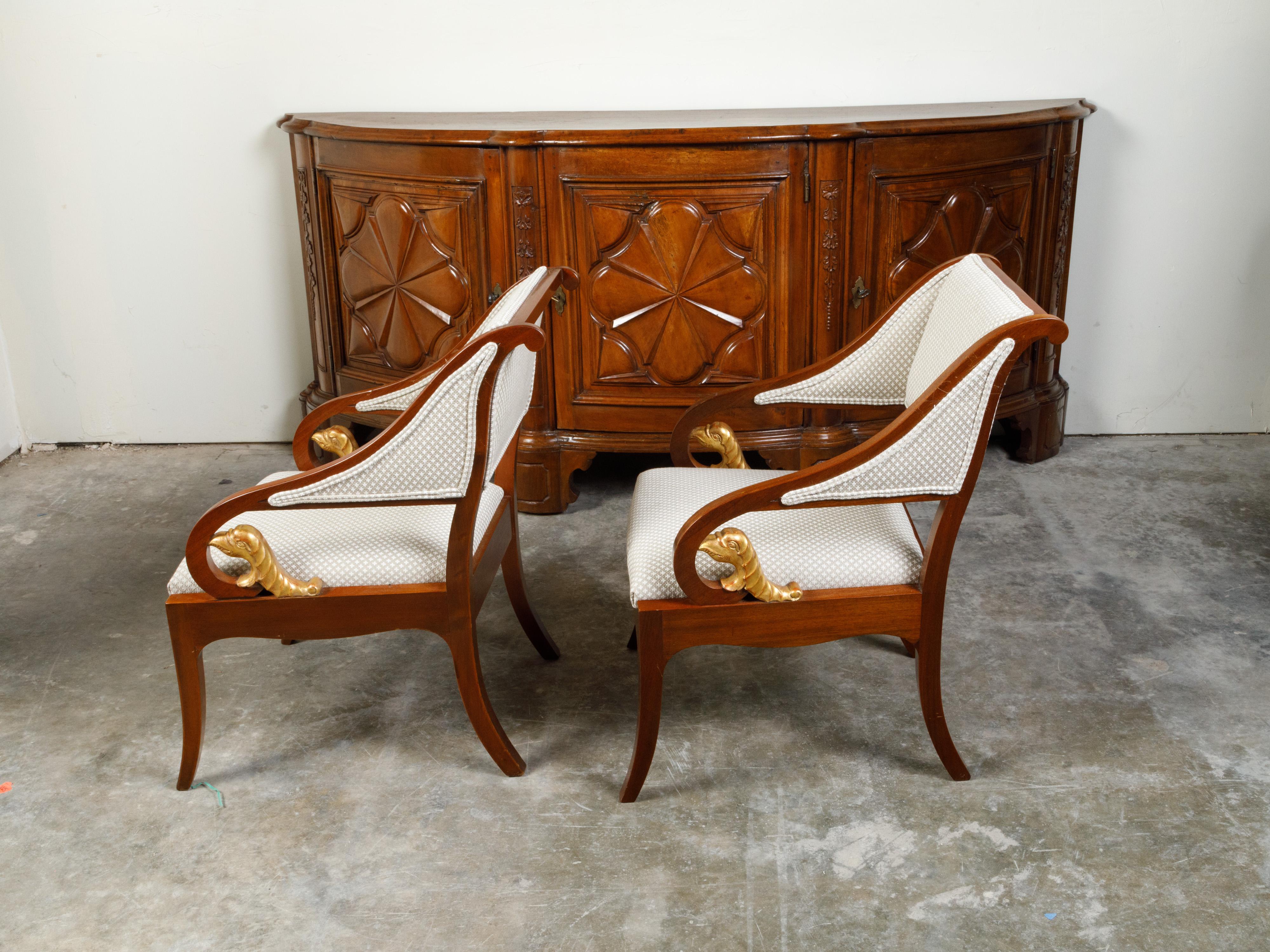 Pair of 19th Century French Walnut Armchairs with Carved Gilt Mythical Animals For Sale 5