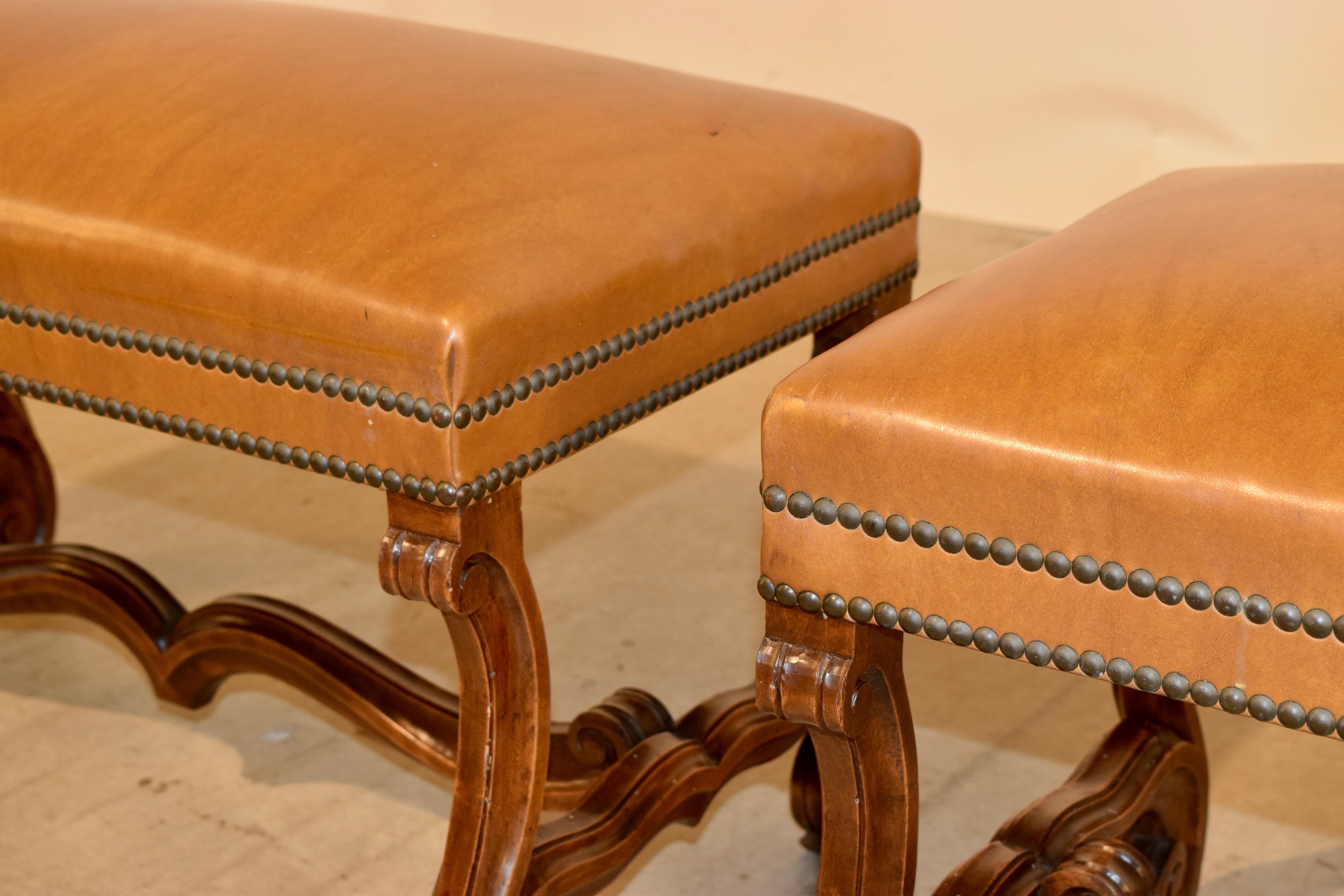 Leather Pair of 19th Century French Walnut Benches