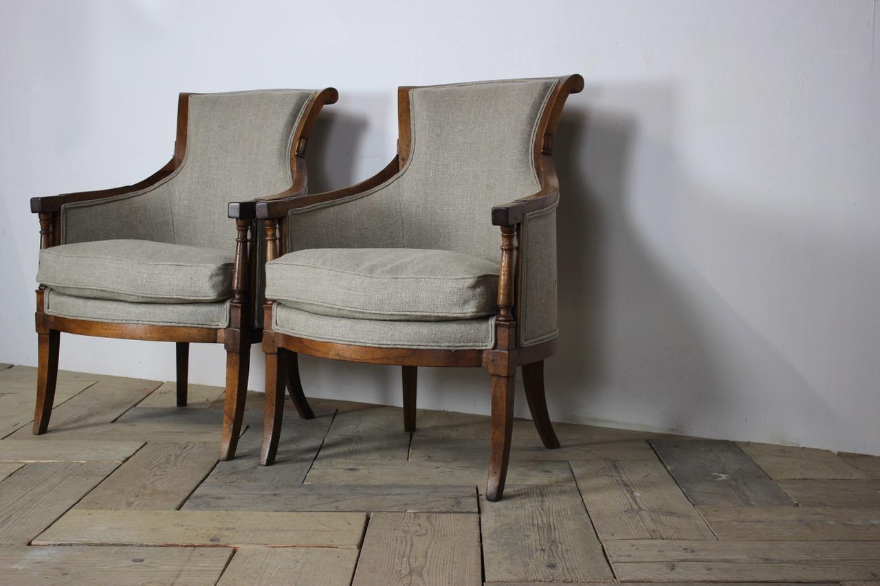 A good pair of early 19th century French armchairs in walnut, with a lovely color and proportions, having been reupholstered by us in a neutral linen.
France, circa 1820
Measurements: 48cm high (floor to seat).




 