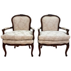 Pair of 19th Century French Walnut Louis XV Style Fauteuils, Arm Chairs