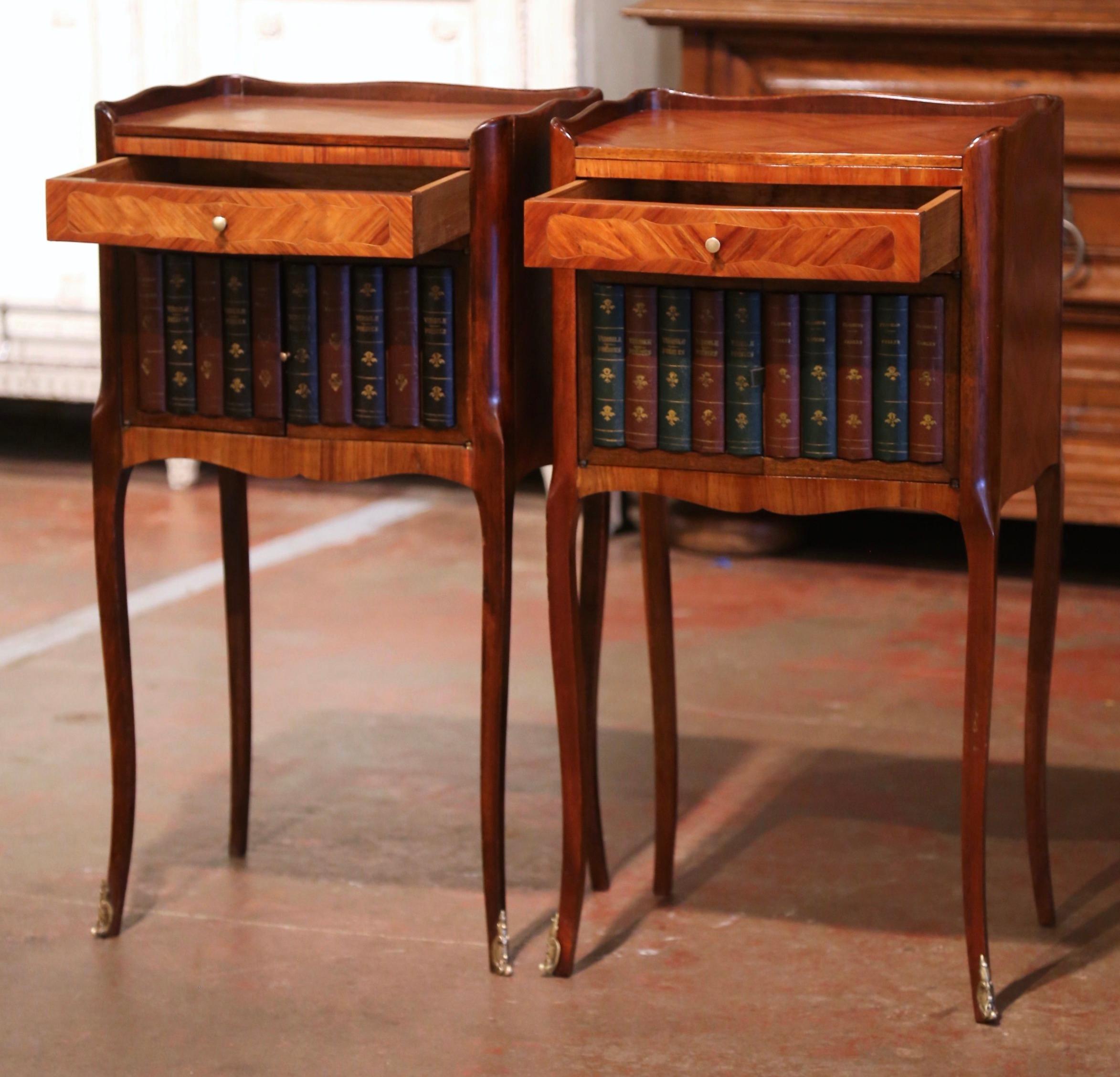 Pair of 19th Century French Walnut Nightstands with Leather Book Spine Doors For Sale 5