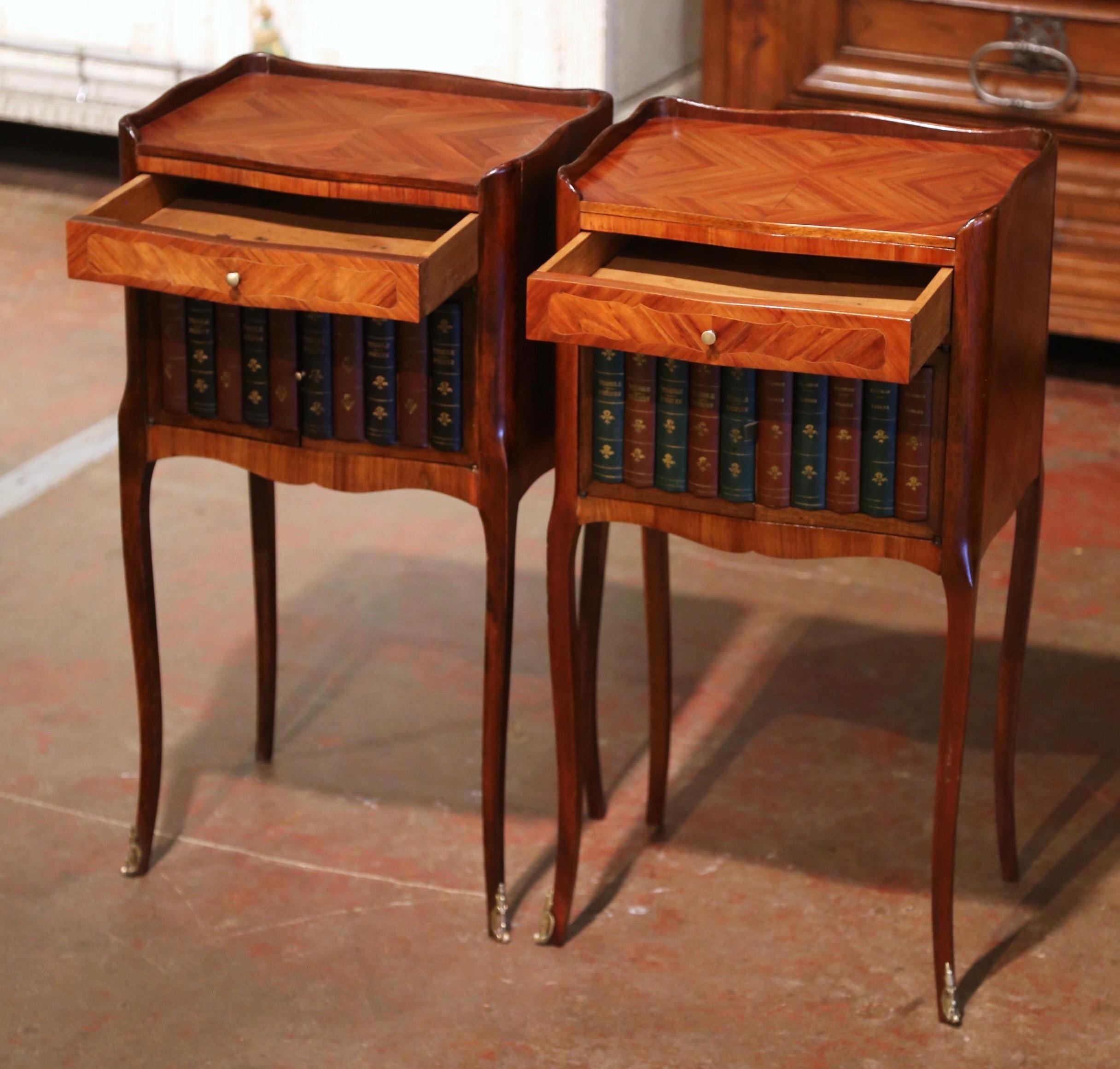 Pair of 19th Century French Walnut Nightstands with Leather Book Spine Doors For Sale 6