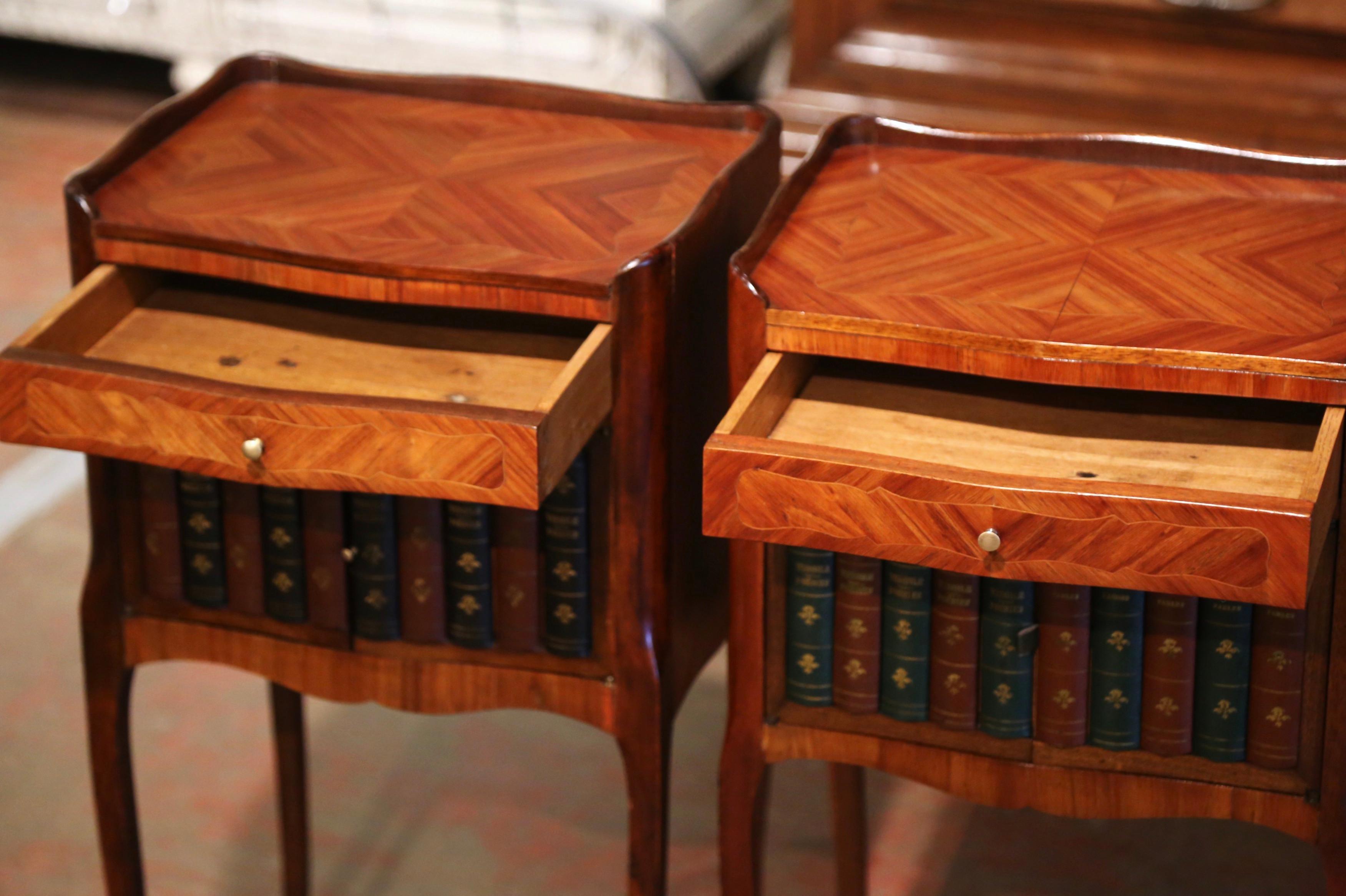Pair of 19th Century French Walnut Nightstands with Leather Book Spine Doors For Sale 7