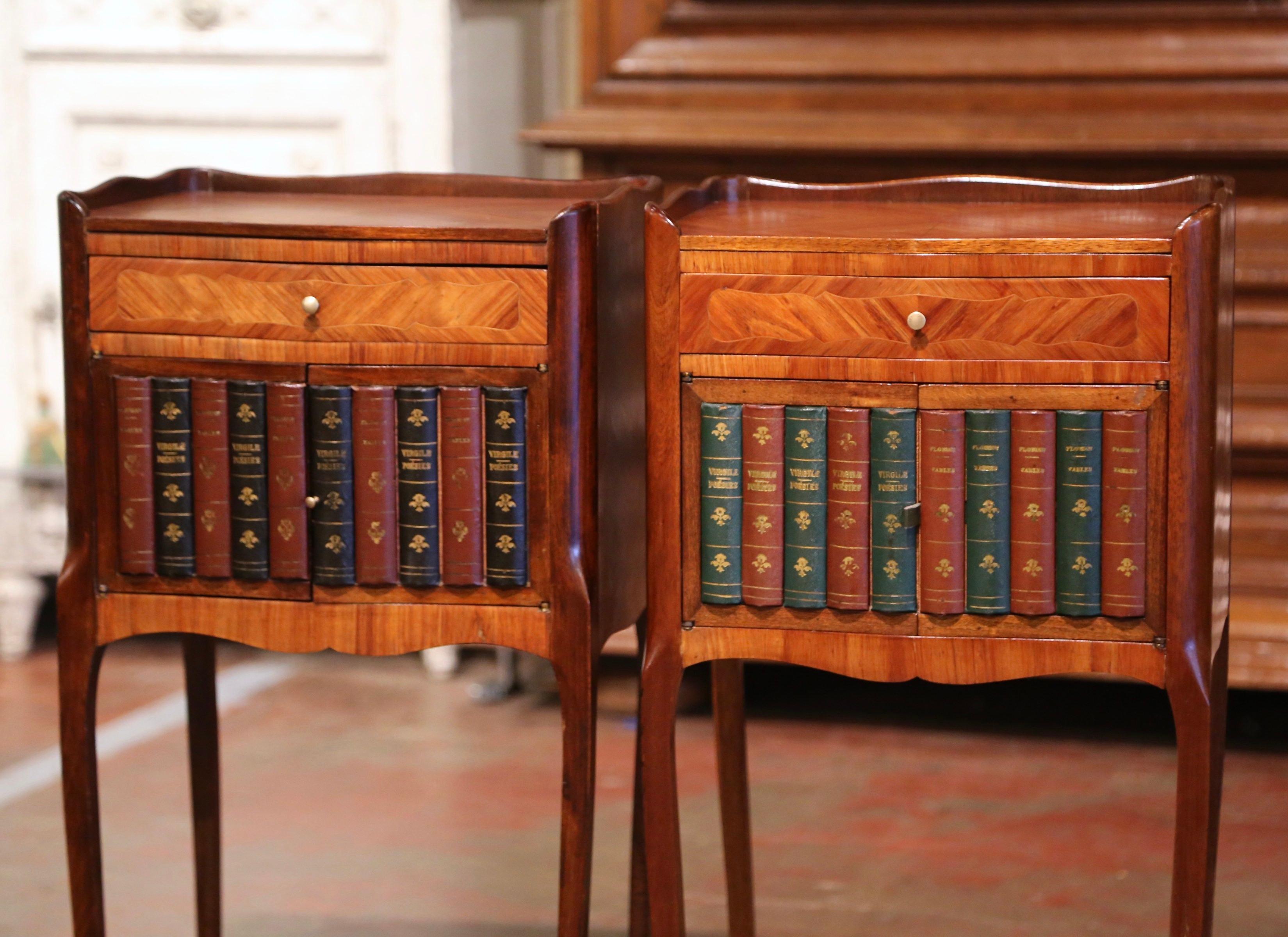 Louis XV Pair of 19th Century French Walnut Nightstands with Leather Book Spine Doors For Sale