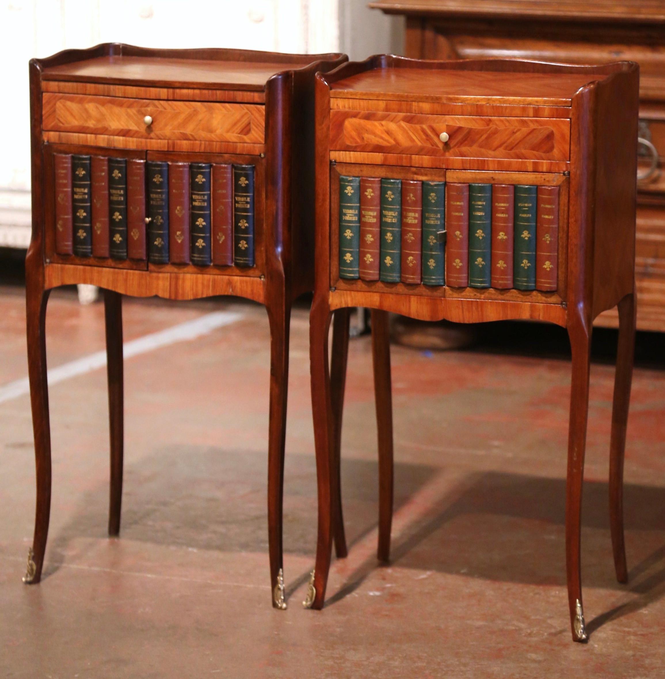 Hand-Carved Pair of 19th Century French Walnut Nightstands with Leather Book Spine Doors For Sale