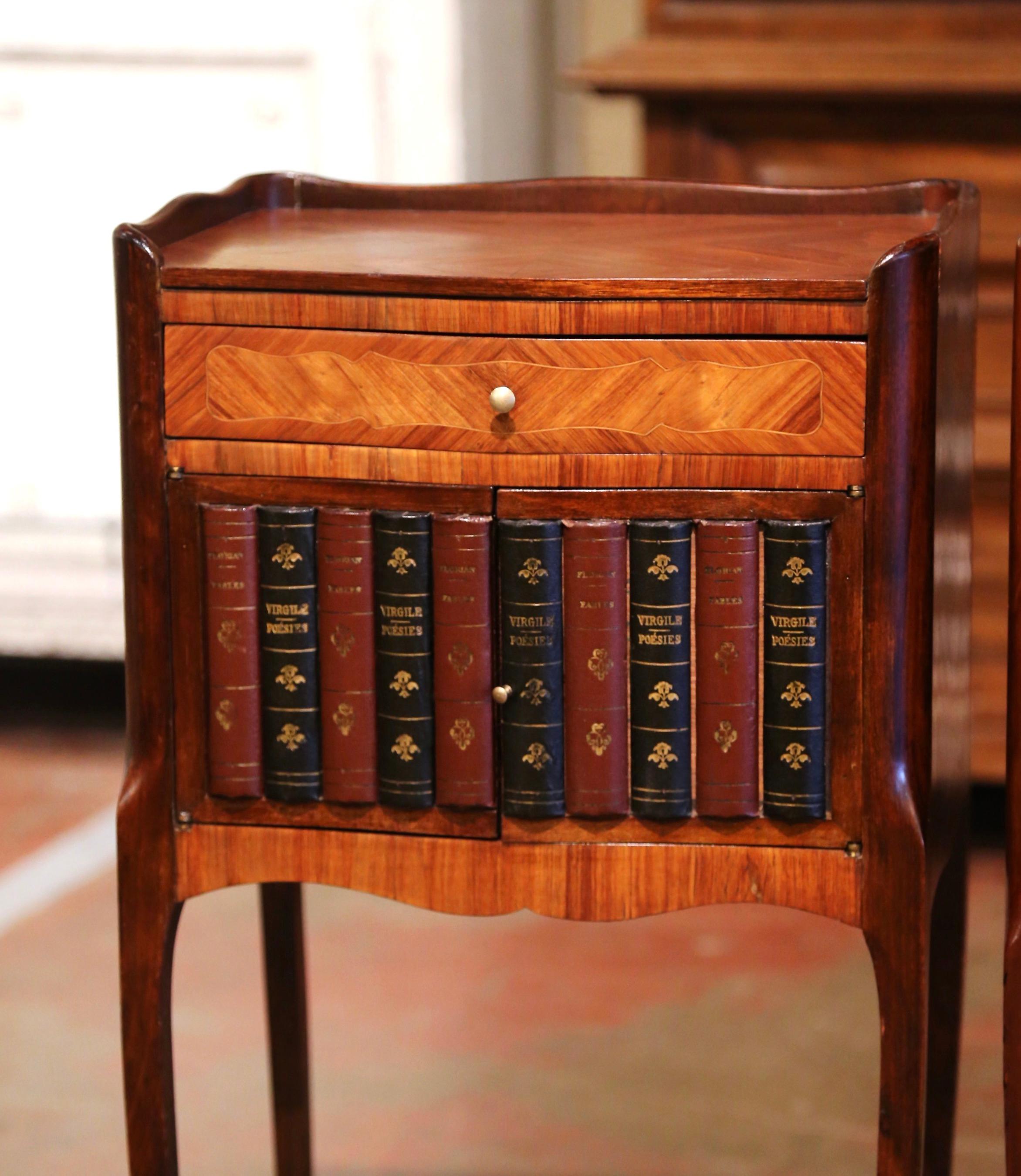 Pair of 19th Century French Walnut Nightstands with Leather Book Spine Doors For Sale 1