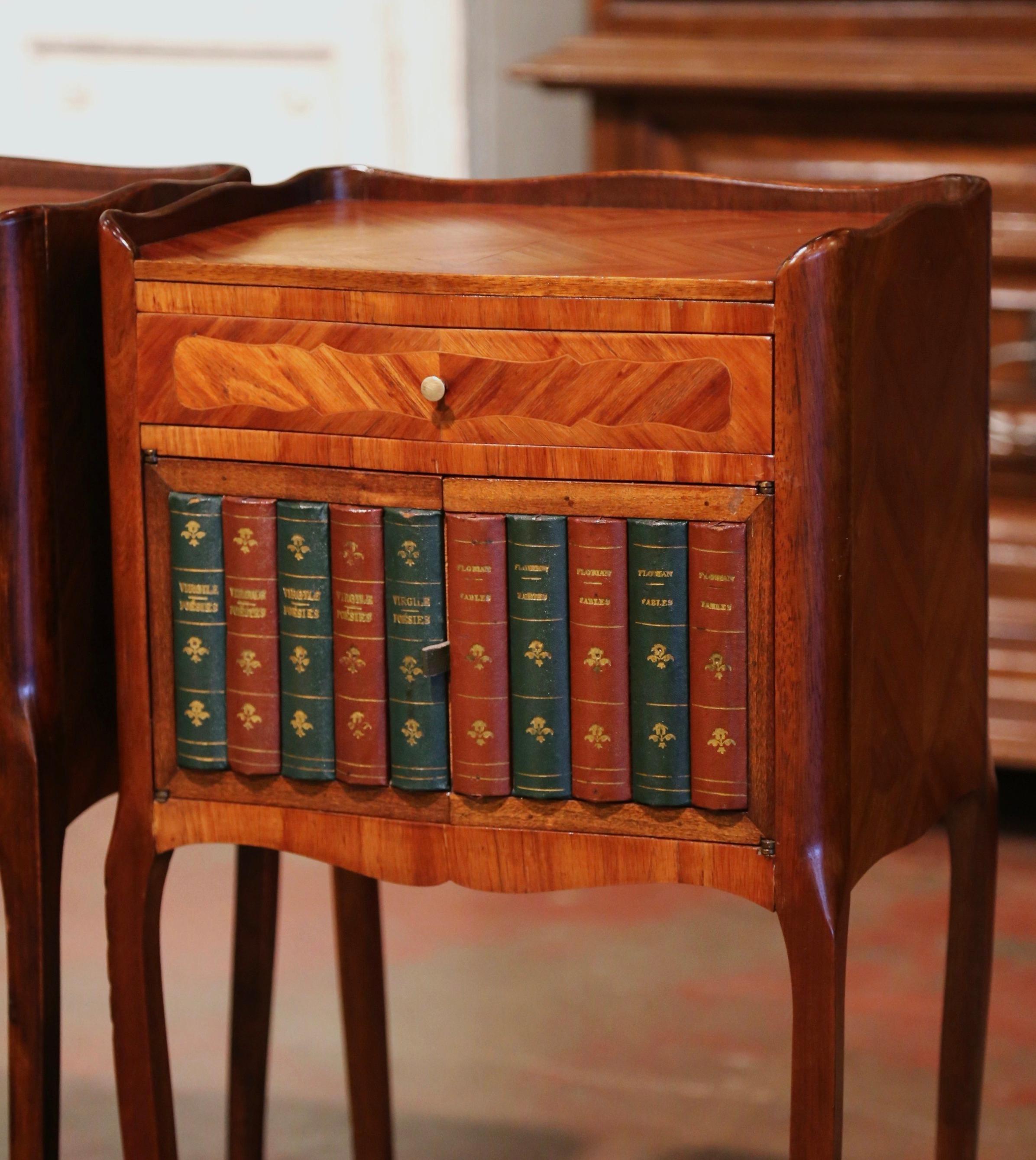 Pair of 19th Century French Walnut Nightstands with Leather Book Spine Doors For Sale 2