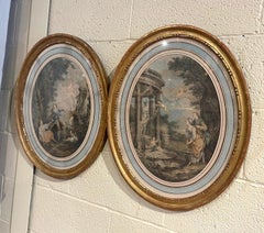 Pair of 19th Century, French Watercolors Courting Scenes in Oval Giltwood Frames