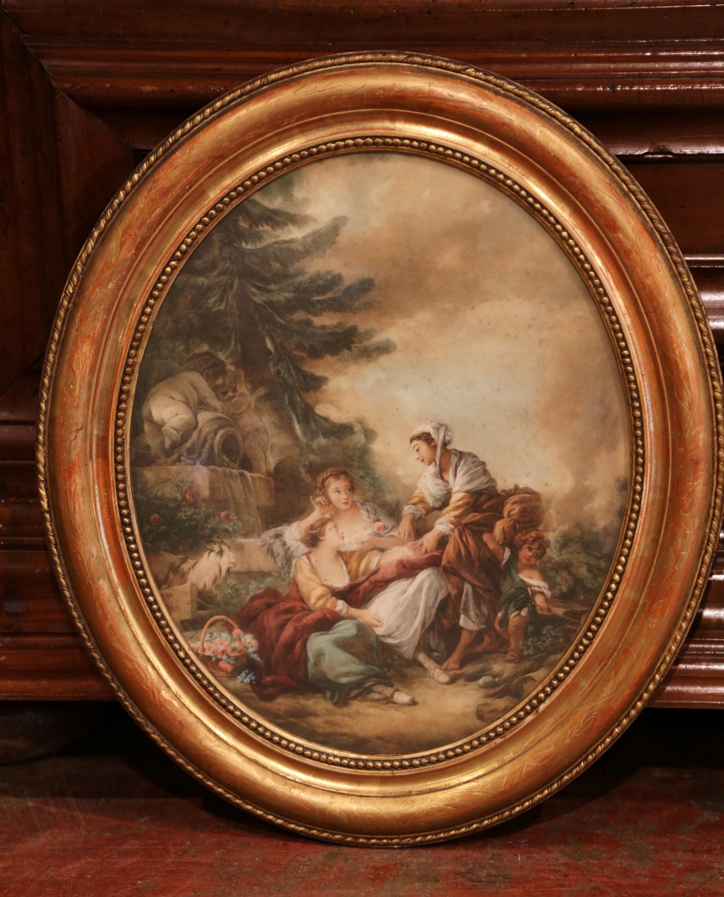 Decorate a bedroom or hallway with this pair of antique colorful watercolor paintings. Crafted in France circa 1830, each Rococo style piece is set in its original, oval gilt frame. The golden frames are further embellished with traditional engraved