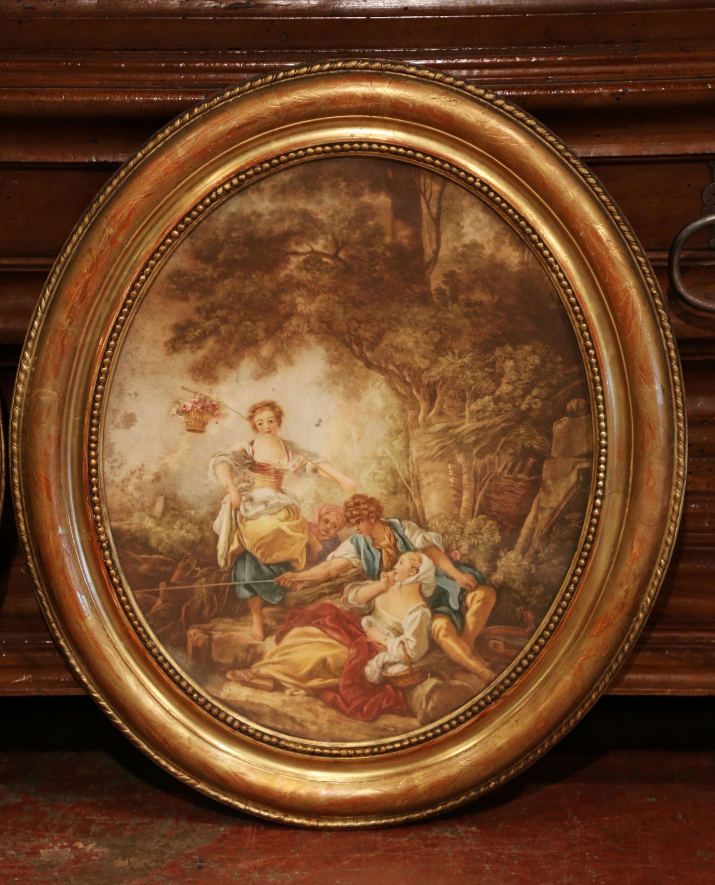 Louis XVI Pair of 19th Century, French Watercolors in Oval Giltwood Frames