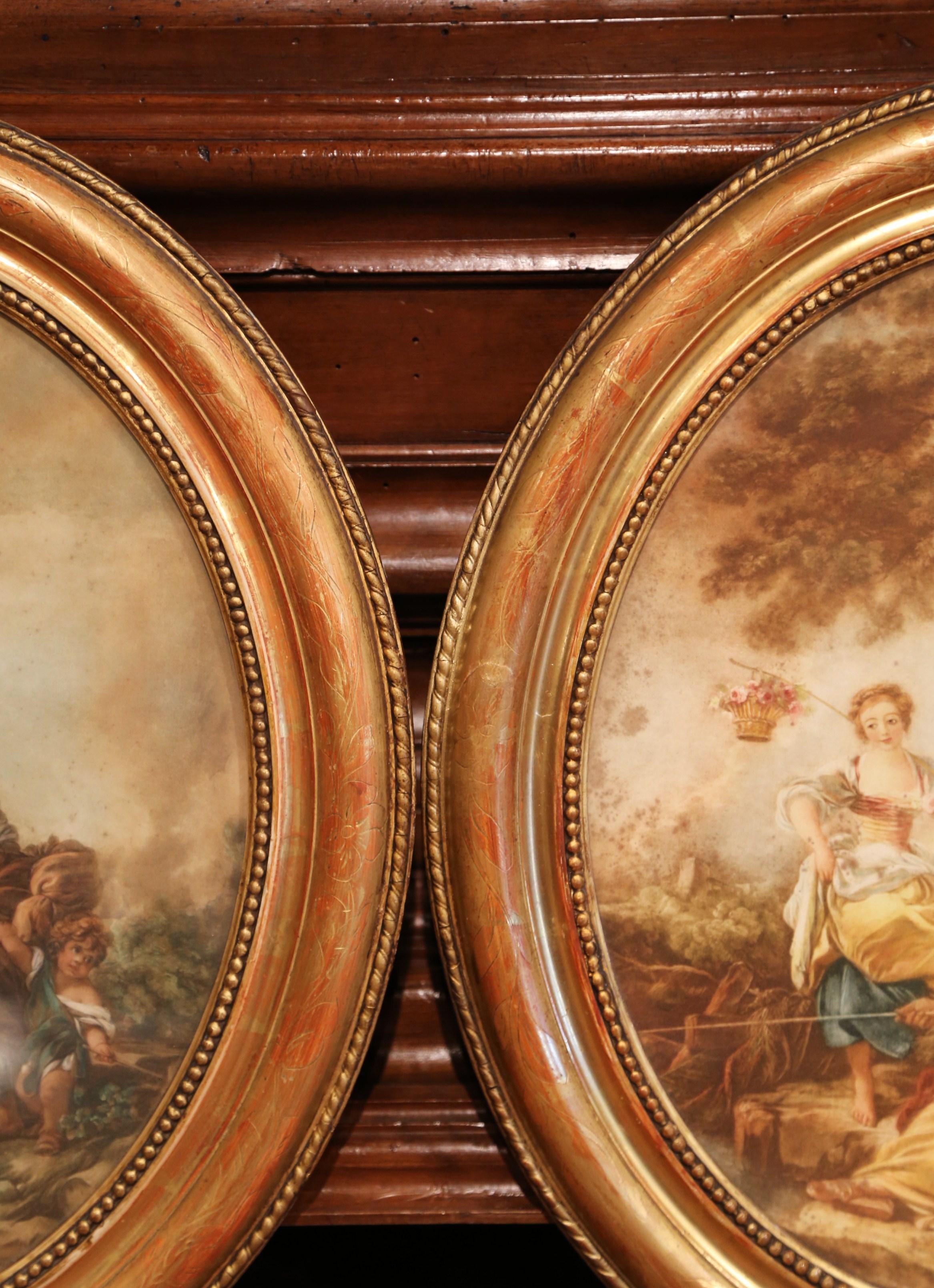 Hand-Carved Pair of 19th Century, French Watercolors in Oval Giltwood Frames