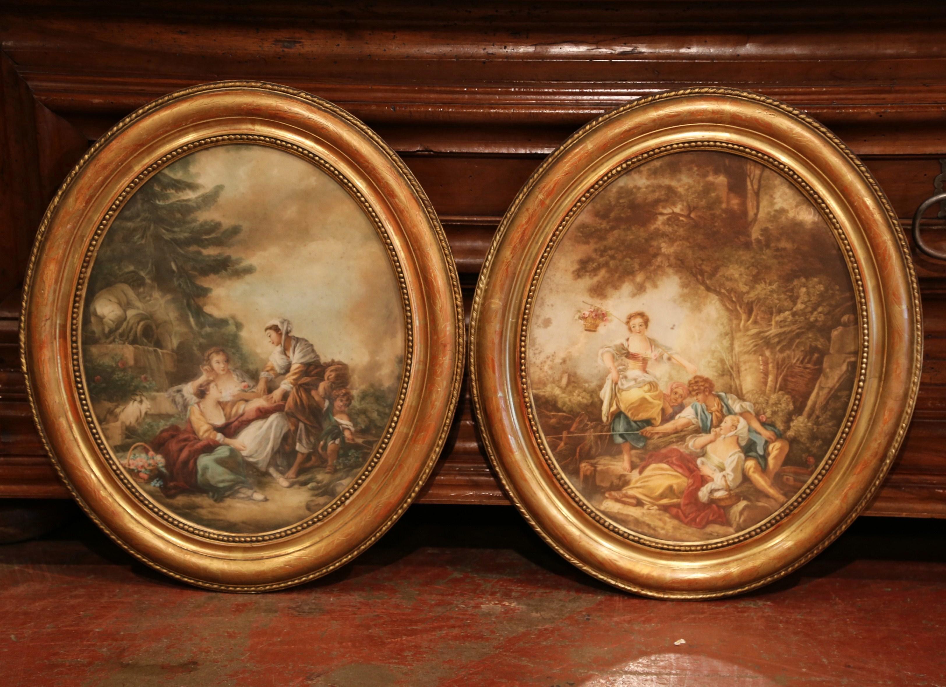 Pair of 19th Century, French Watercolors in Oval Giltwood Frames In Excellent Condition In Dallas, TX