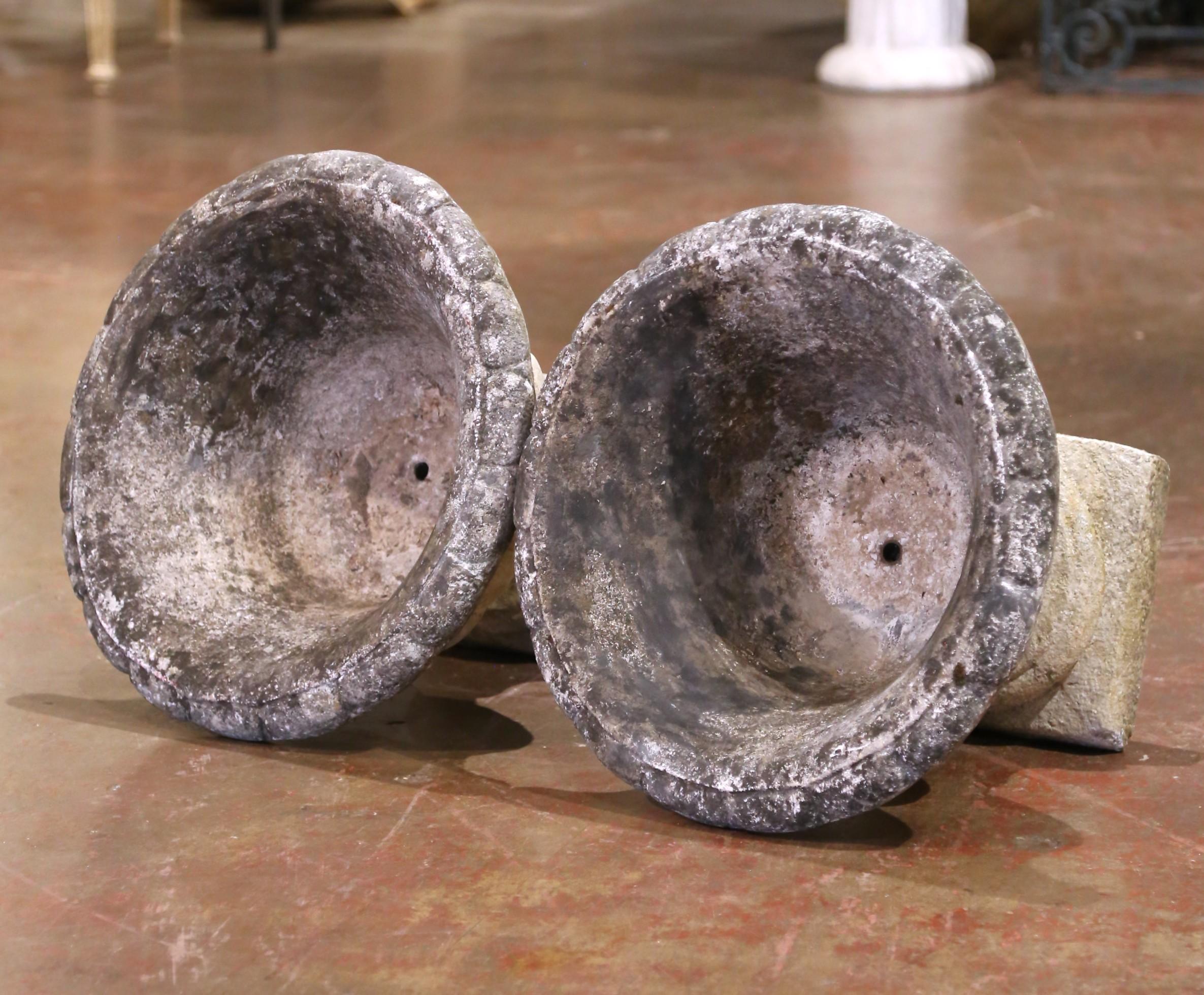 Pair of 19th Century French Weathered Carved Stone Garden Urns from Normandy For Sale 6