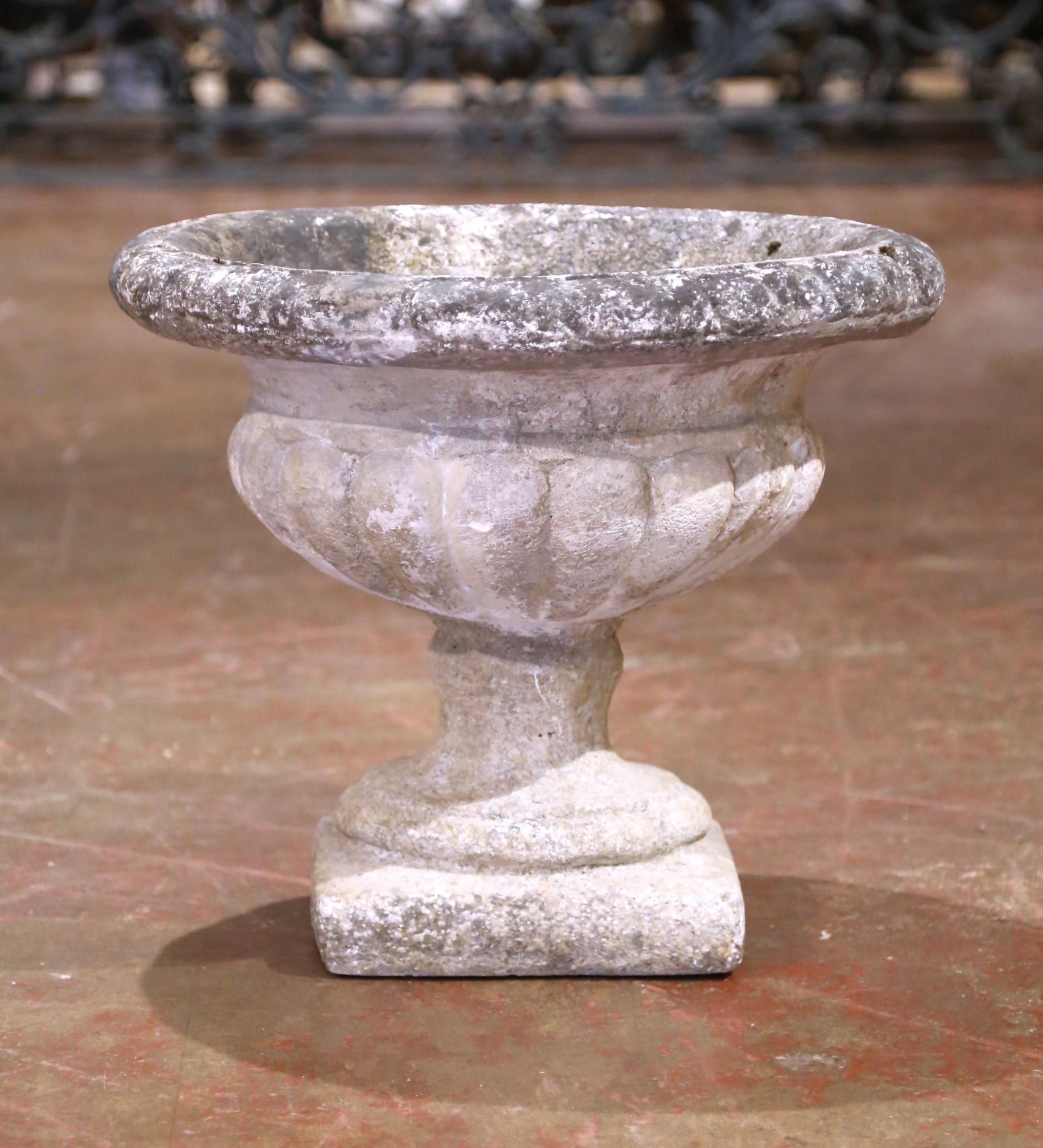 Neoclassical Pair of 19th Century French Weathered Carved Stone Garden Urns from Normandy For Sale