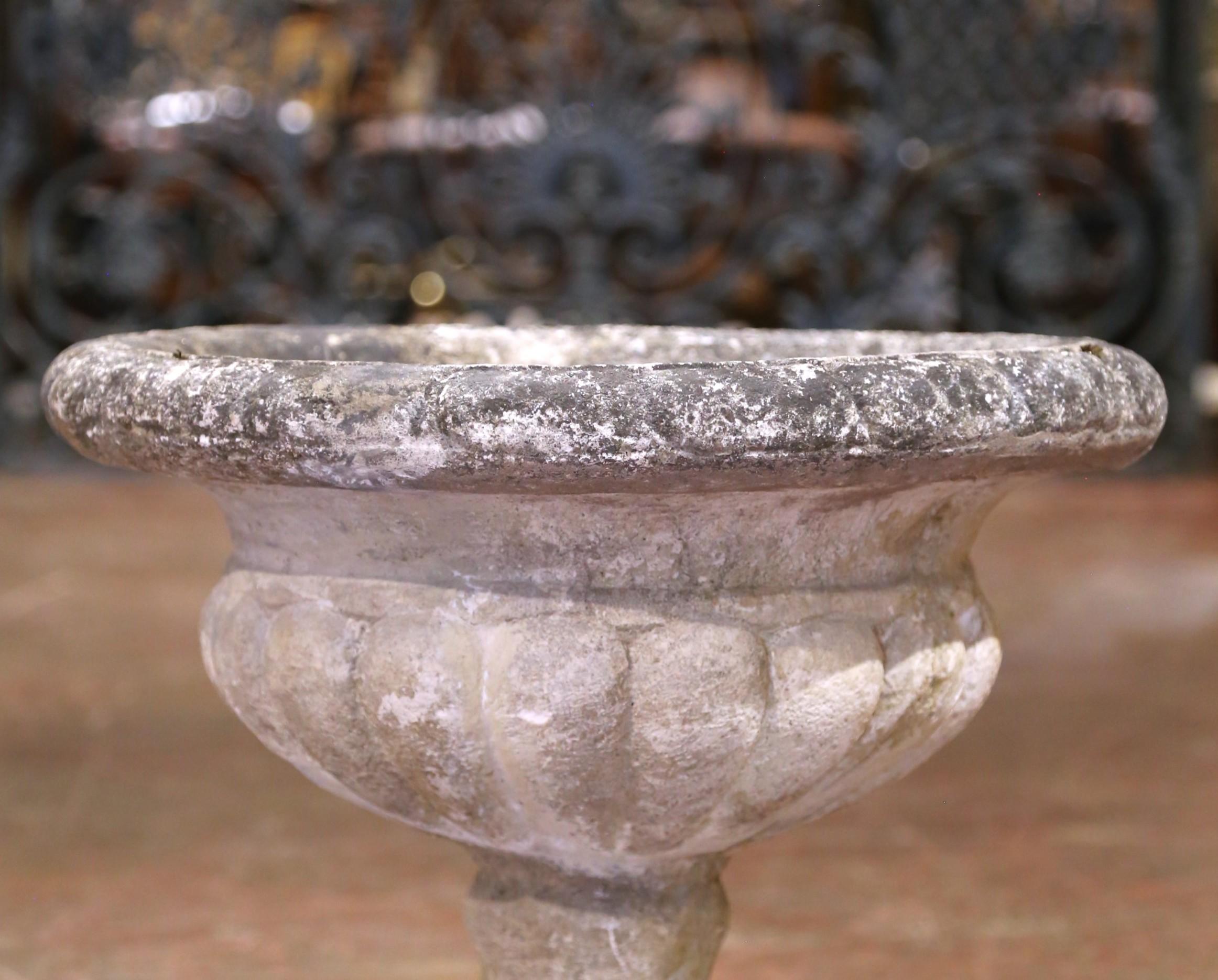 Hand-Carved Pair of 19th Century French Weathered Carved Stone Garden Urns from Normandy For Sale