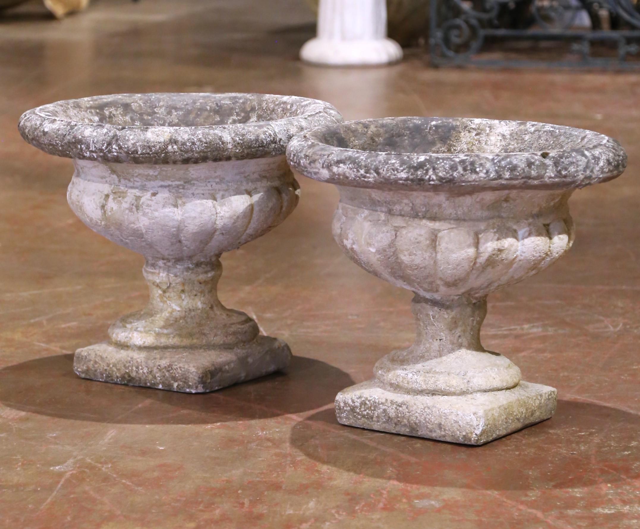 Cast Stone Pair of 19th Century French Weathered Carved Stone Garden Urns from Normandy For Sale