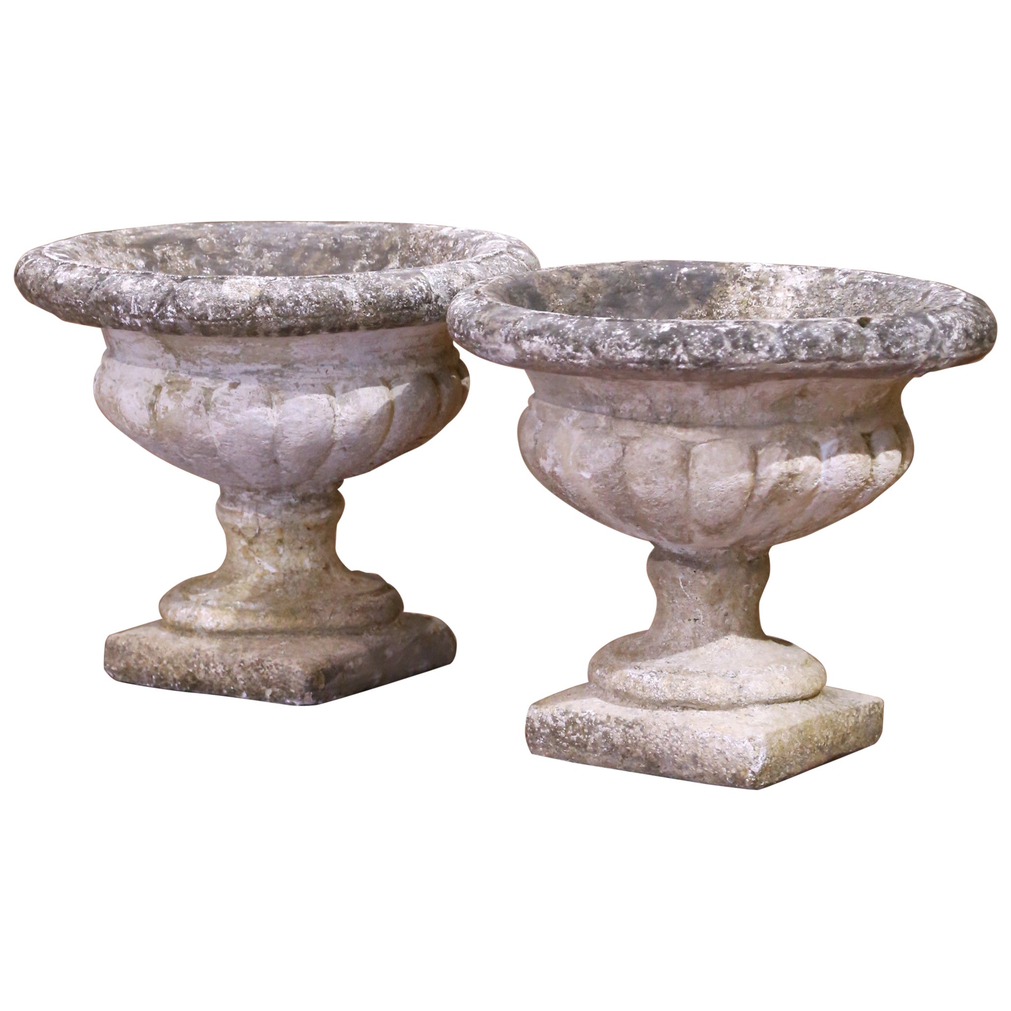 Pair of 19th Century French Weathered Carved Stone Garden Urns from Normandy For Sale