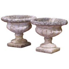 Pair of 19th Century French Weathered Carved Stone Garden Urns from Normandy