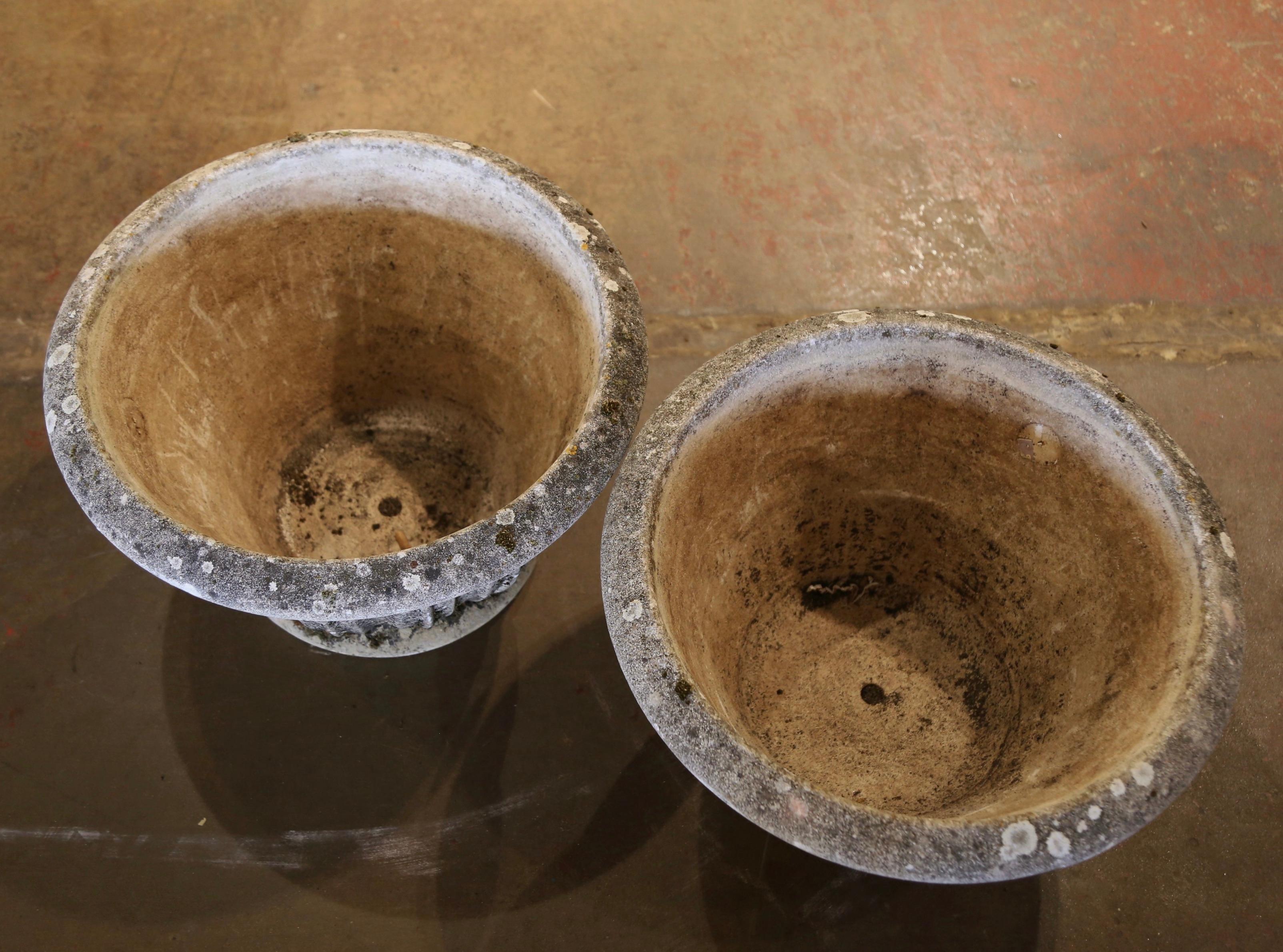 Hand-Carved Pair of 19th Century French Weathered Carved Stone Outdoor Planters
