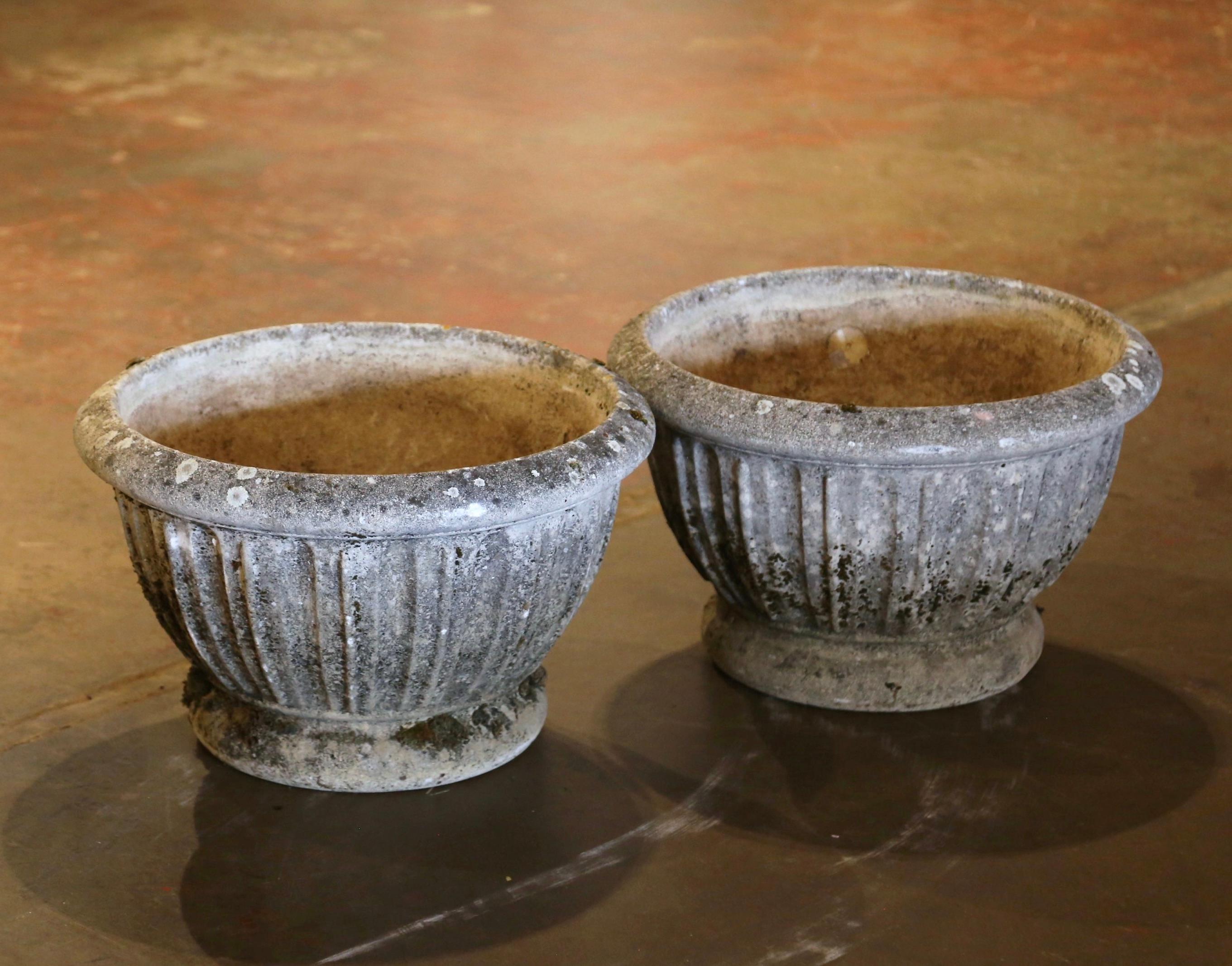 Sandstone Pair of 19th Century French Weathered Carved Stone Outdoor Planters