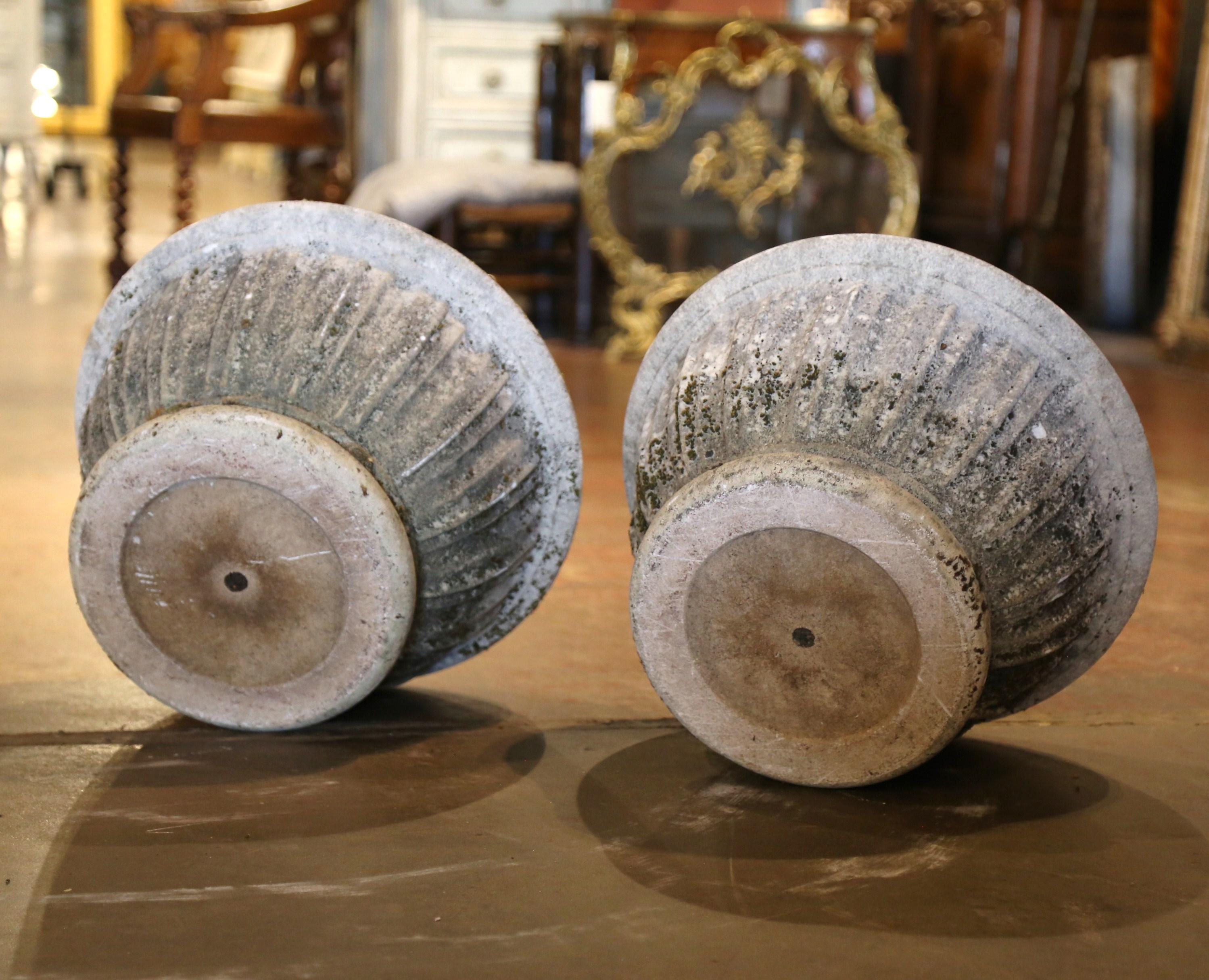 Pair of 19th Century French Weathered Carved Stone Outdoor Planters 1