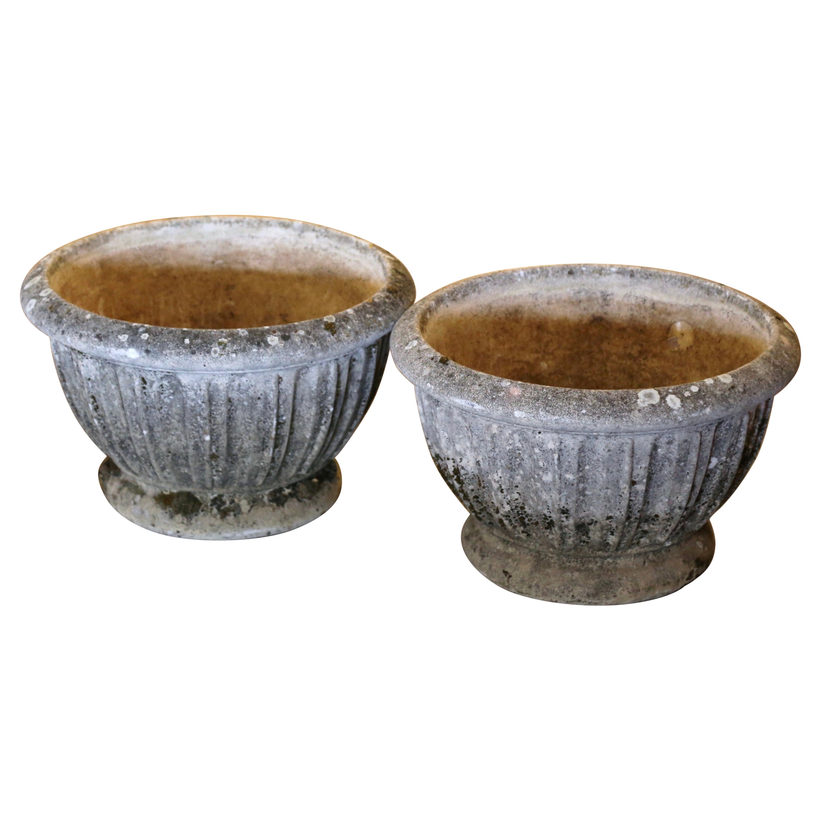 Pair of 19th Century French Weathered Carved Stone Outdoor Planters
