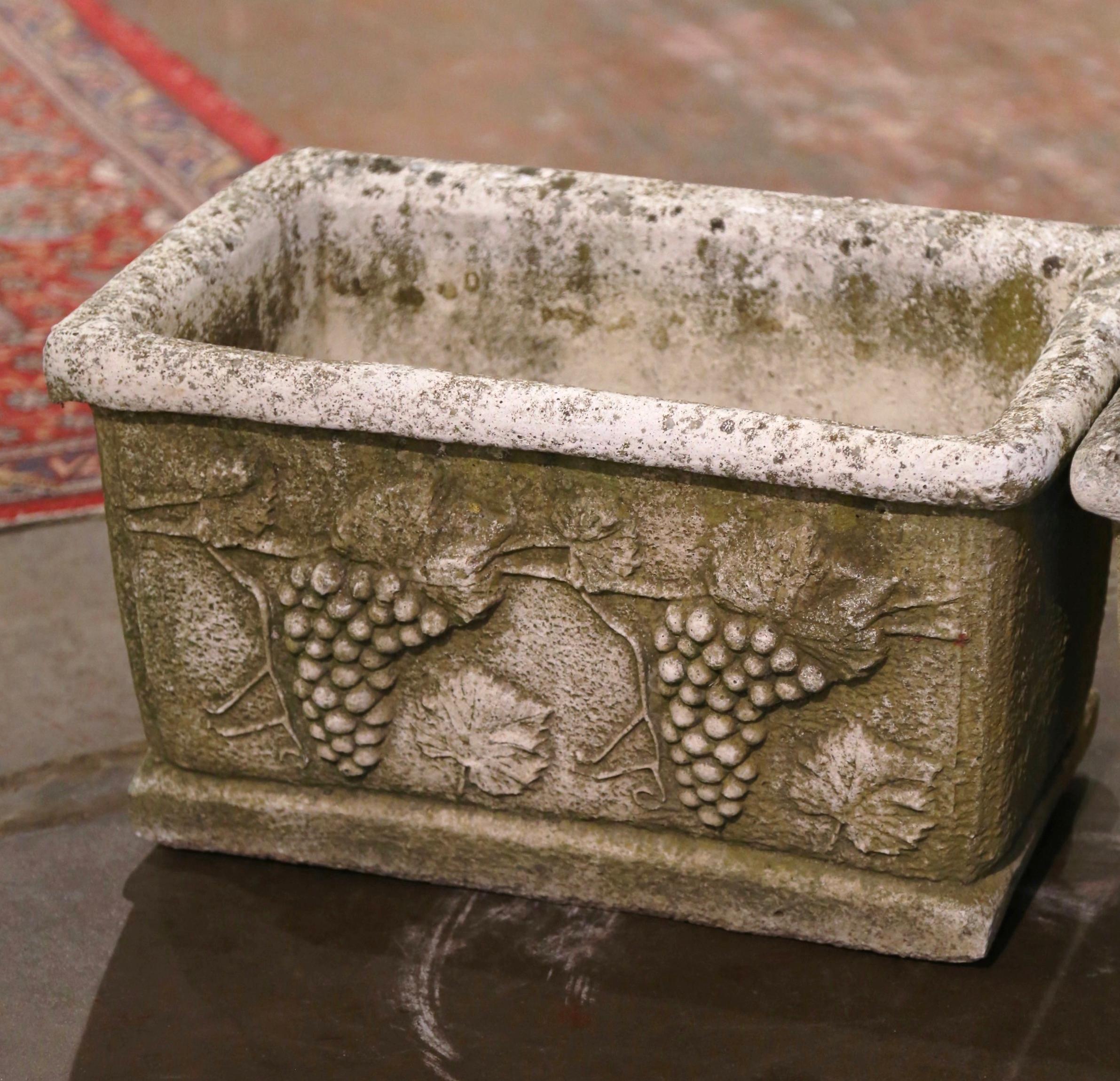 Hand-Carved Pair of 19th Century French Weathered Carved Stone Outdoor Planters with Grapes