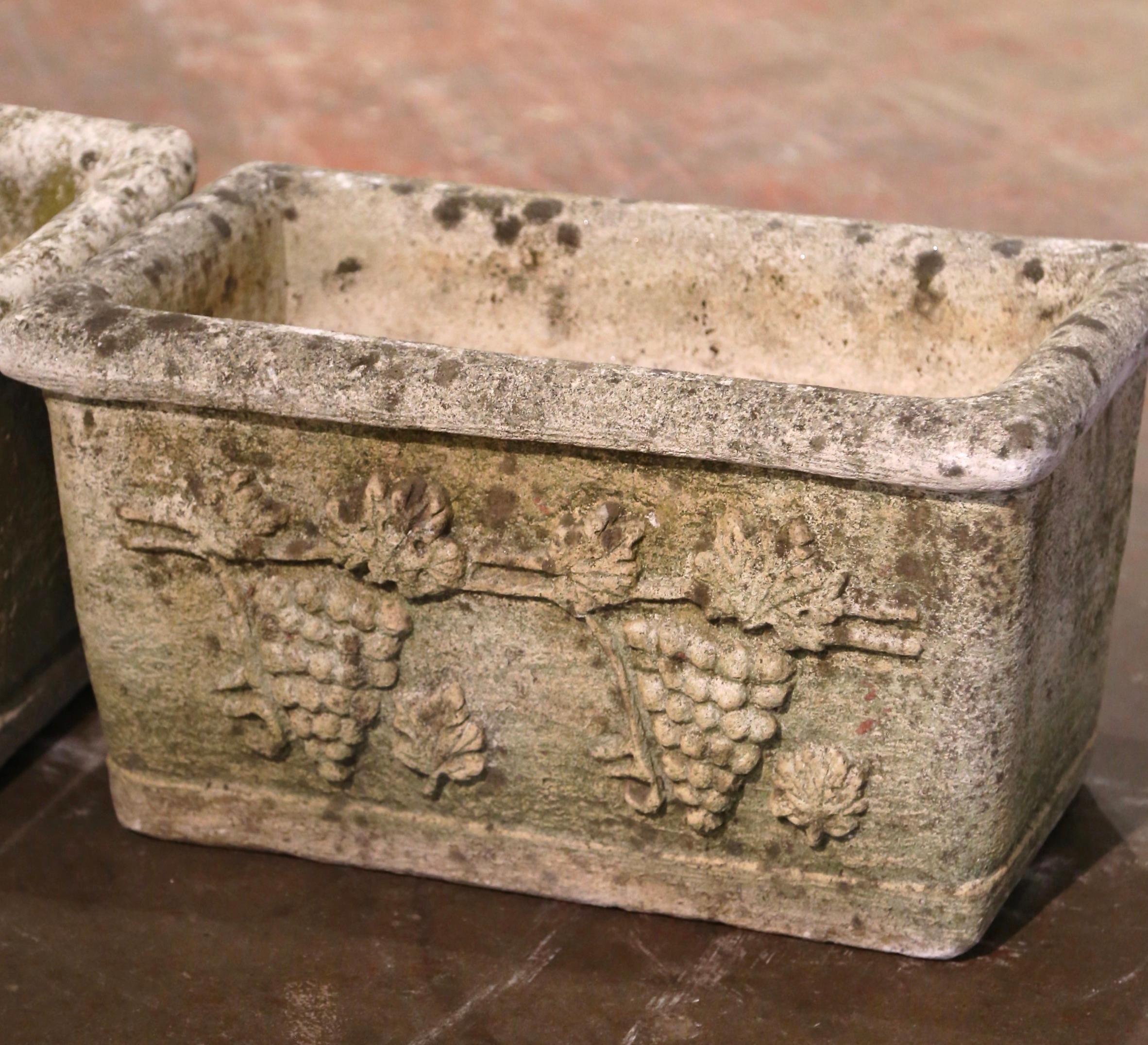 Pair of 19th Century French Weathered Carved Stone Outdoor Planters with Grapes In Excellent Condition In Dallas, TX