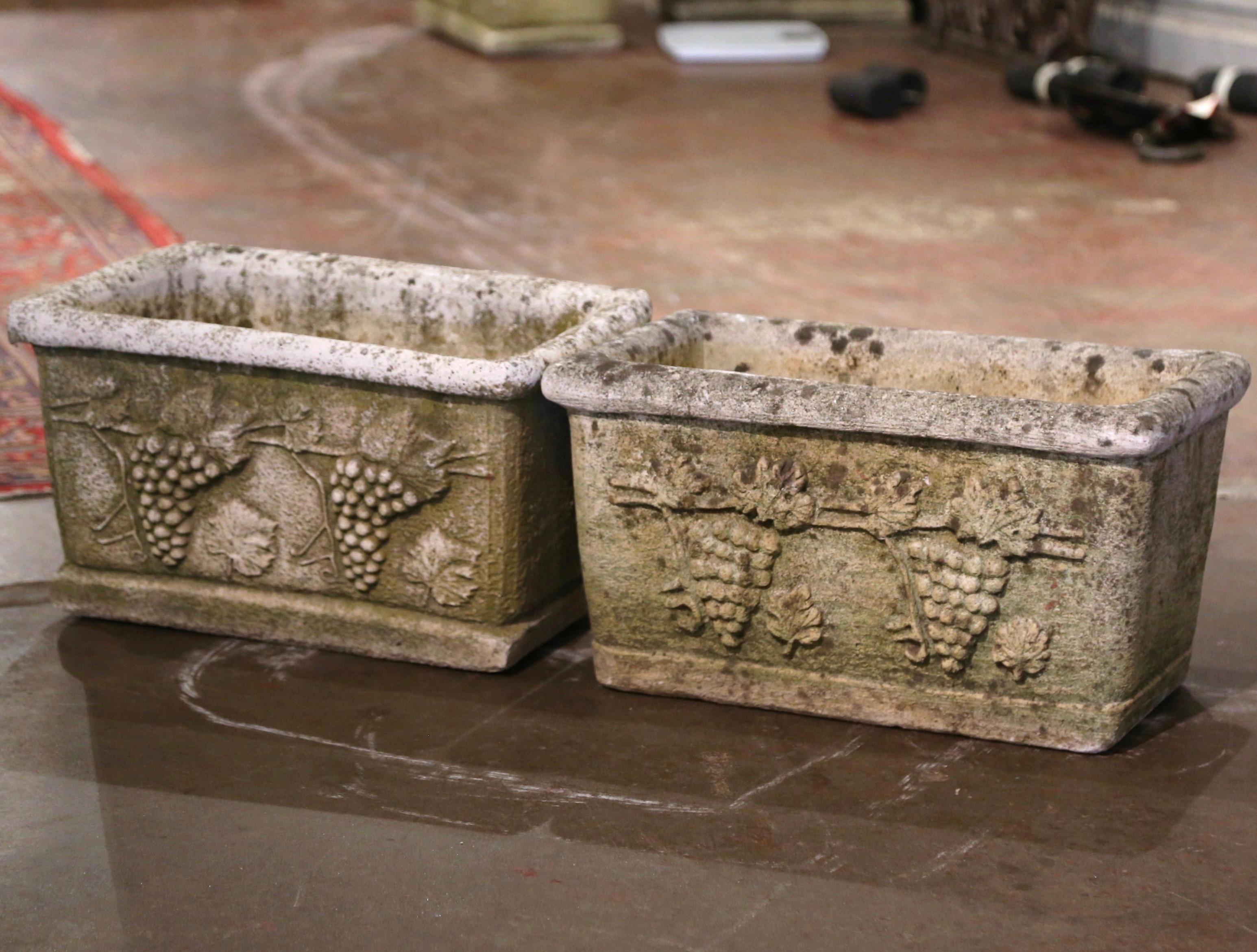 Sandstone Pair of 19th Century French Weathered Carved Stone Outdoor Planters with Grapes