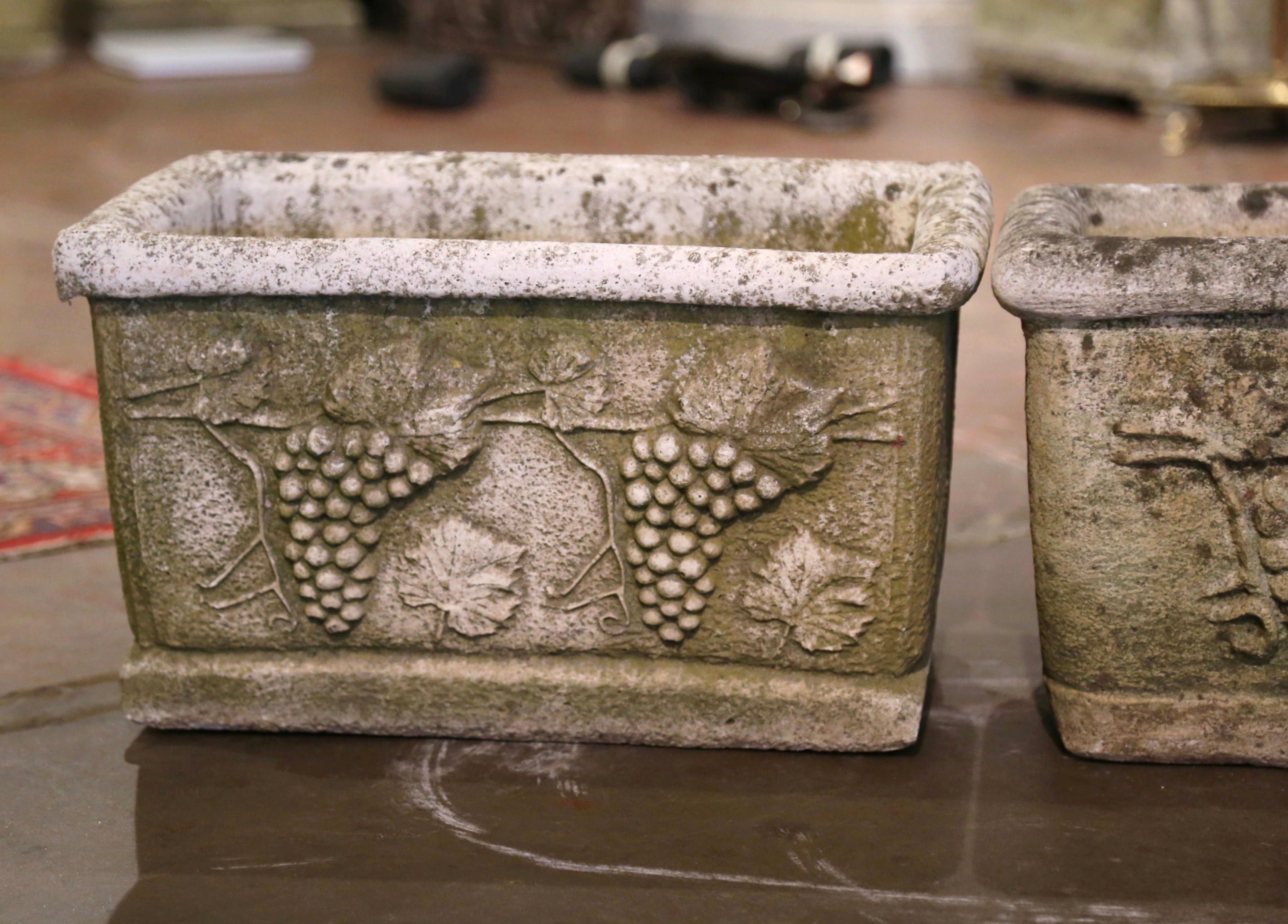 Pair of 19th Century French Weathered Carved Stone Outdoor Planters with Grapes 2