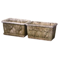 Antique Pair of 19th Century French Weathered Carved Stone Outdoor Planters with Grapes