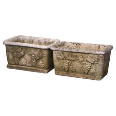 Antique Pair of 19th Century French Weathered Carved Stone Outdoor Planters with Grapes